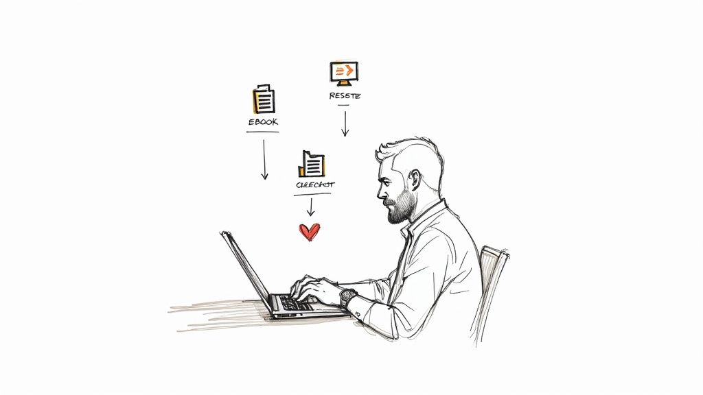 A social media influencer planning their digital product launch on a laptop.