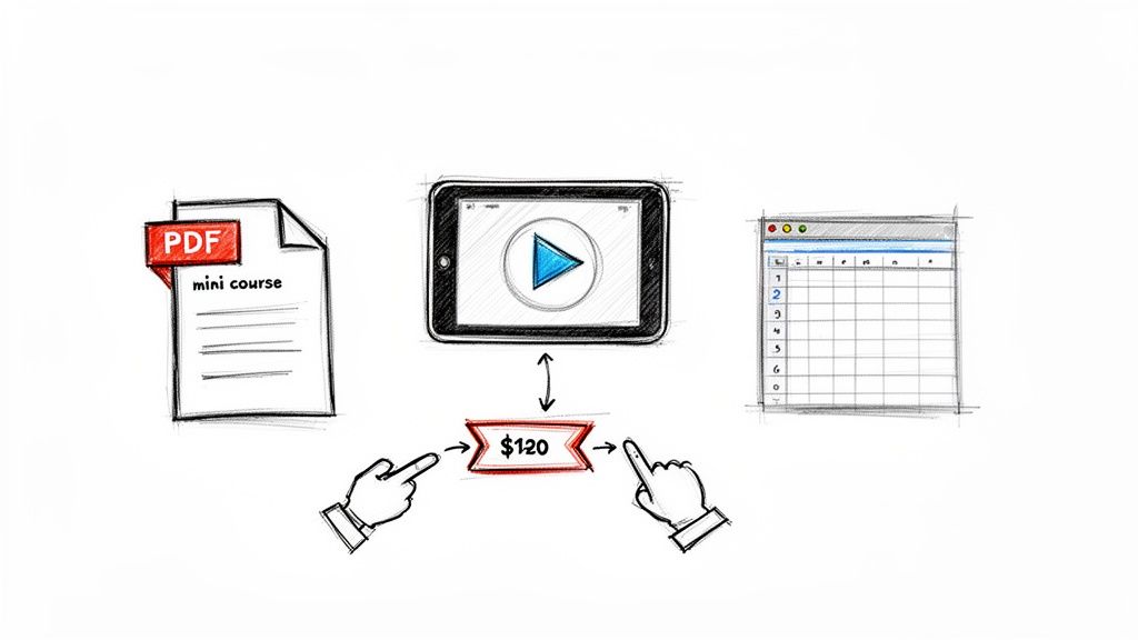 Scribbled digital products: a PDF mini-course, a tablet video, and a spreadsheet, available for $120.