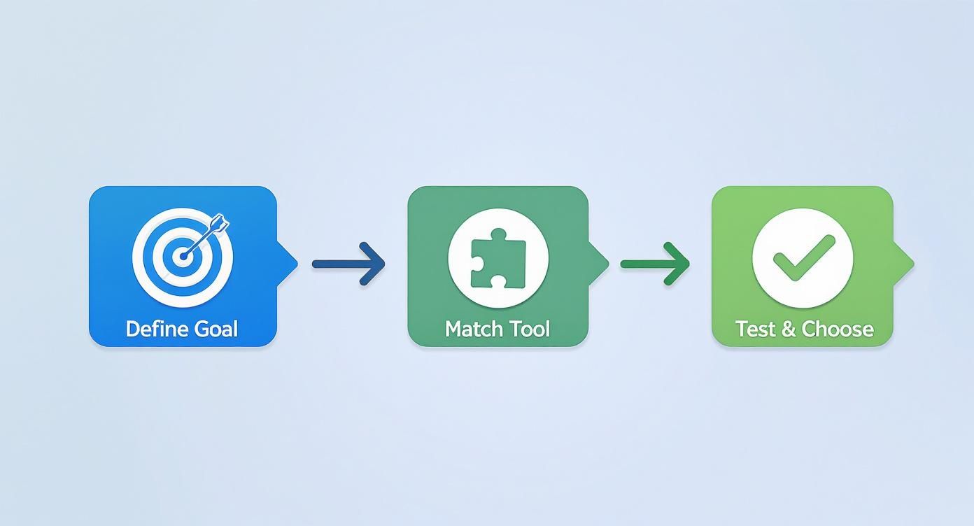 Infographic showing a process flow for choosing AI writers with steps to define a goal, match the tool, and then test and choose.