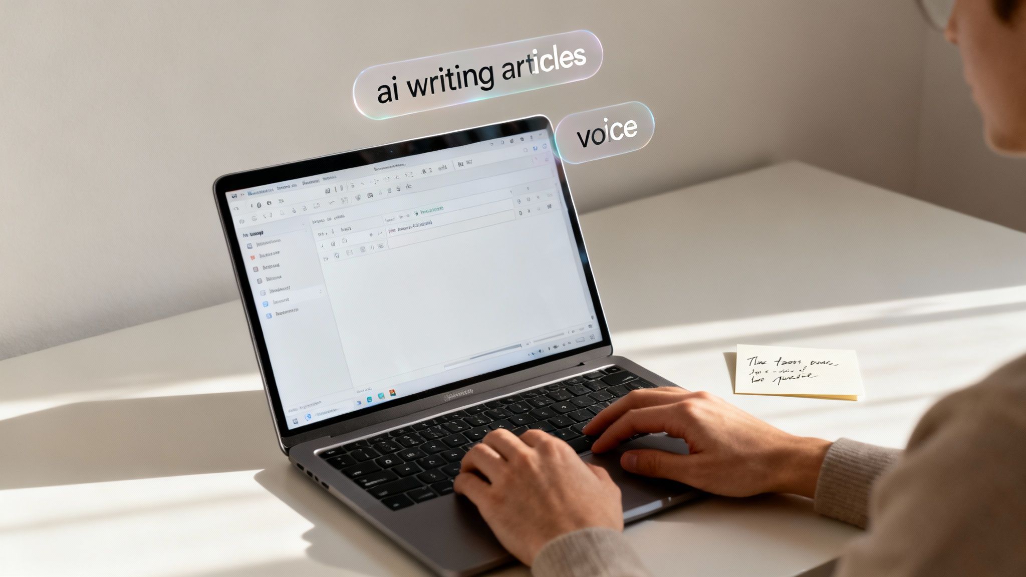 A person working on a laptop with a creative, colourful background representing their unique voice, while an SEO data graph is overlaid.