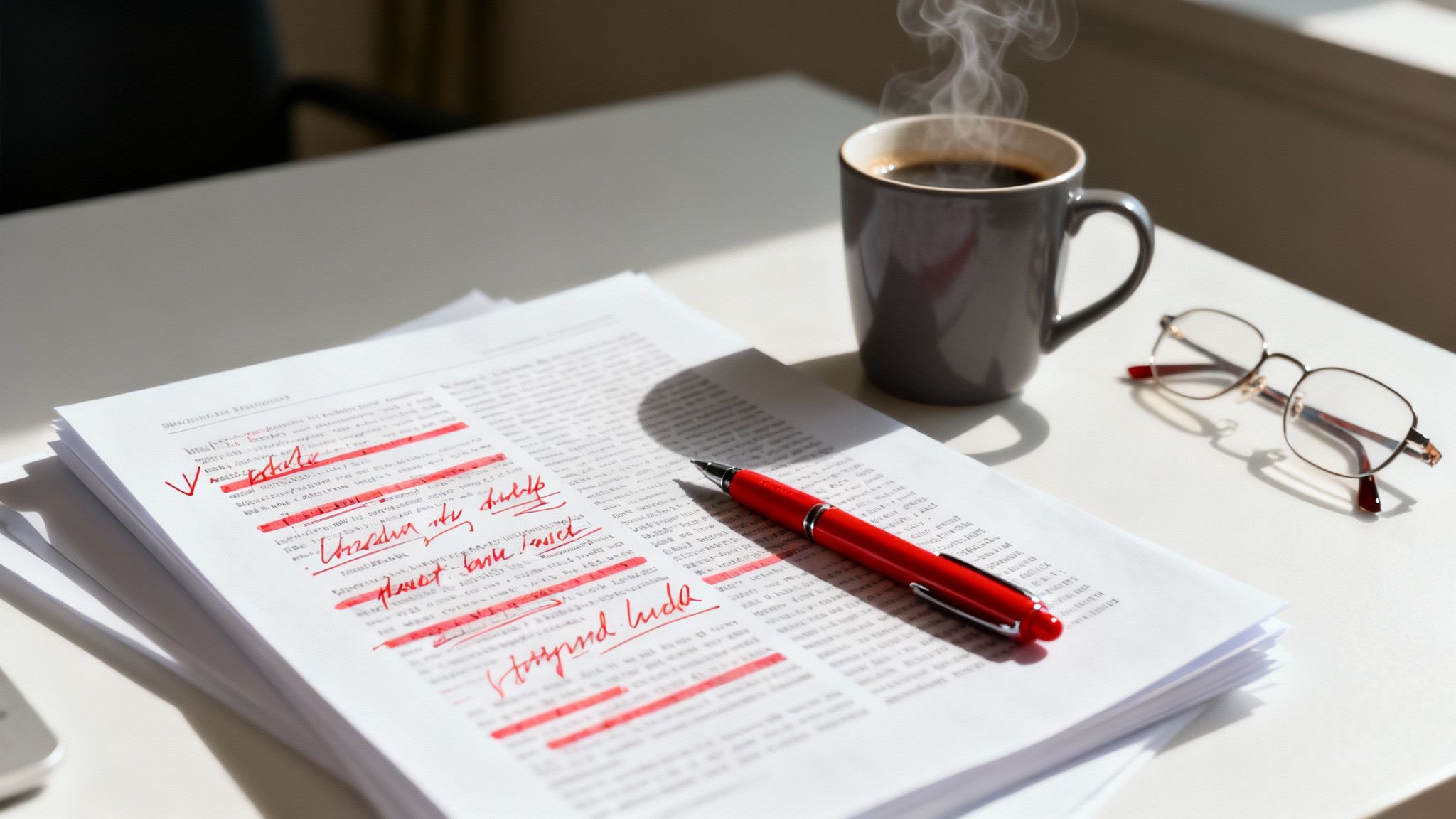 A person sitting at a desk meticulously editing a document on a computer screen, with coffee and notes nearby.