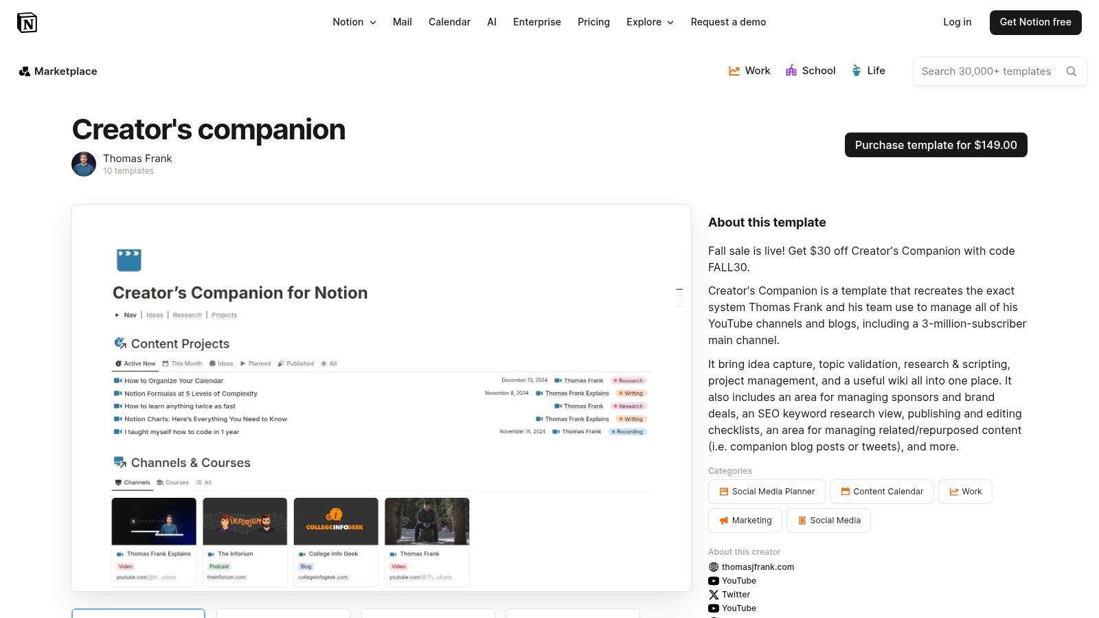 Thomas Frank — Creator’s Companion (via Notion Marketplace)