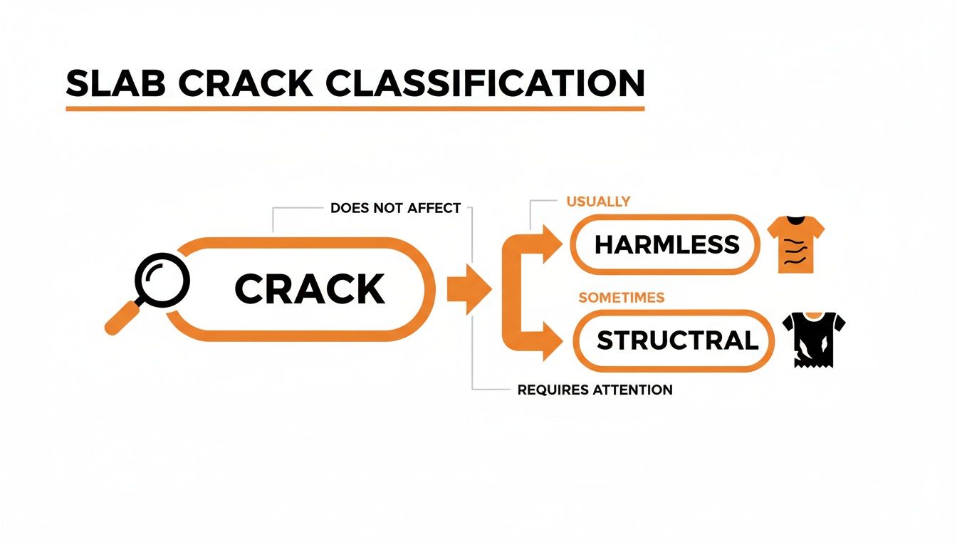 Infographic classifying slab cracks into usually harmless and sometimes structural types requiring attention.