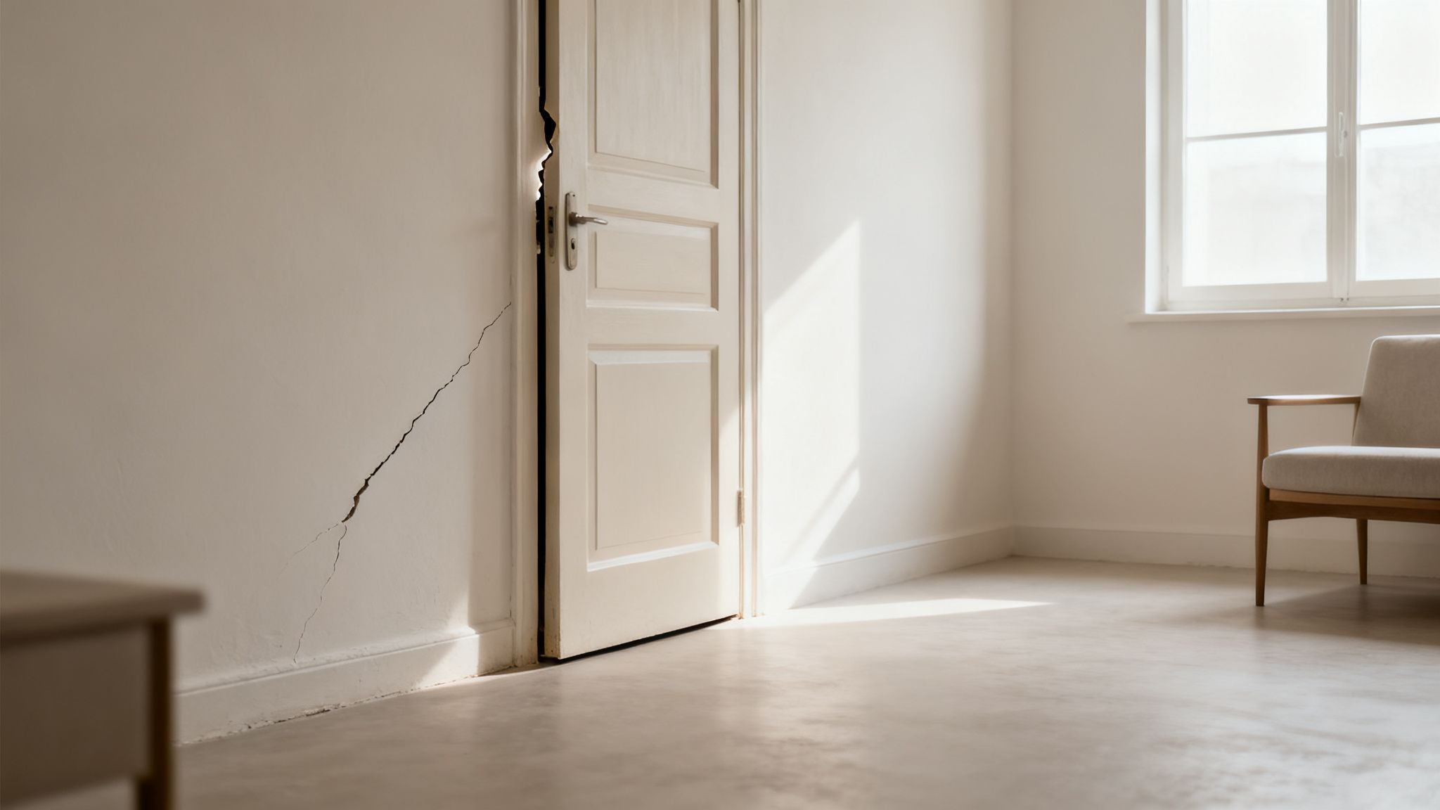 A deep crack runs down a white wall next to a slightly ajar wooden door in a sunlit room.