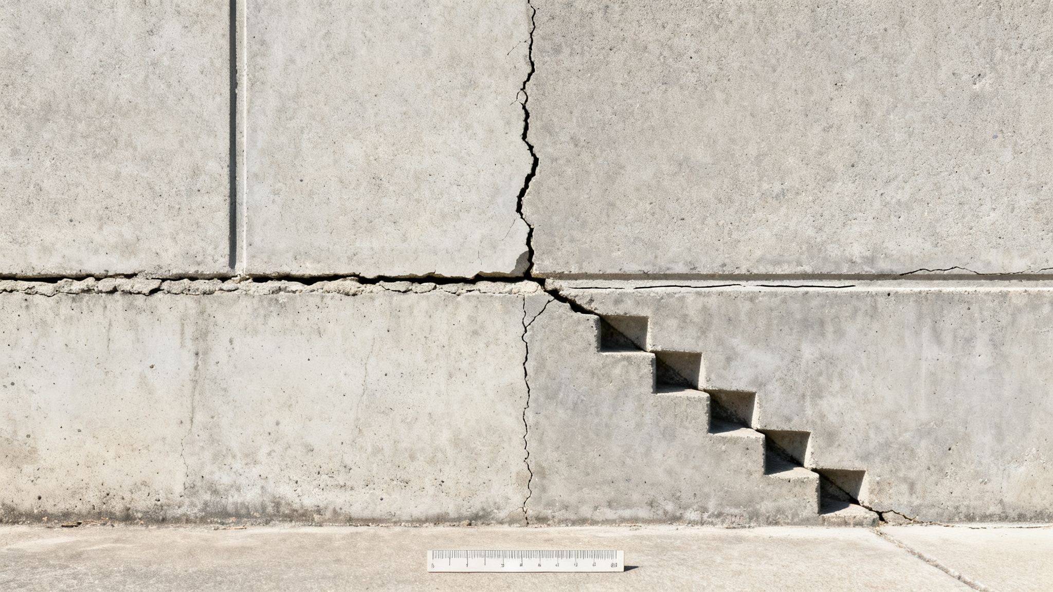 Severe stepped and vertical cracks in a gray concrete wall, with a ruler for scale.