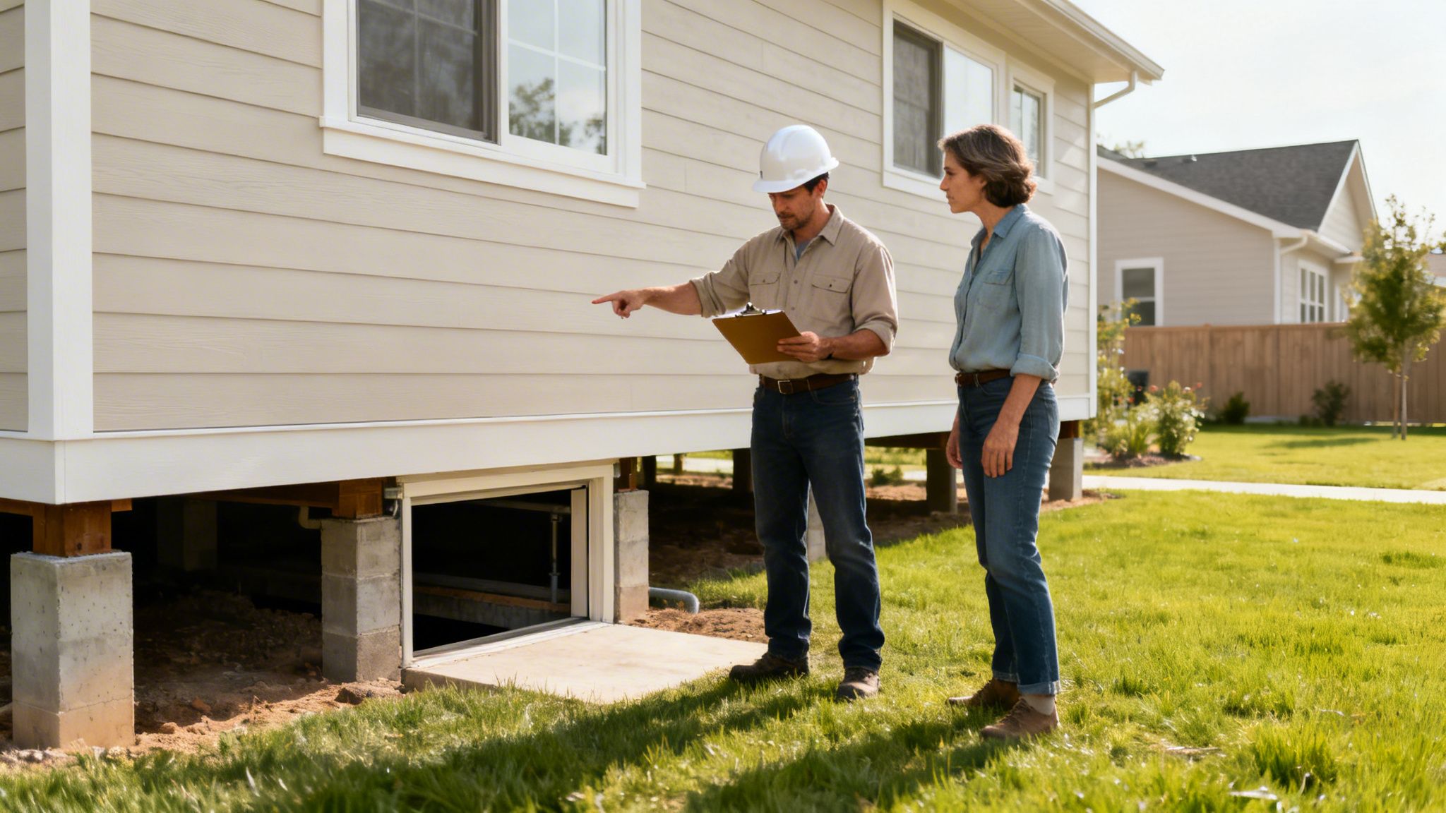 A man in a hard hat points to a pier and beam house foundation while explaining to a woman.