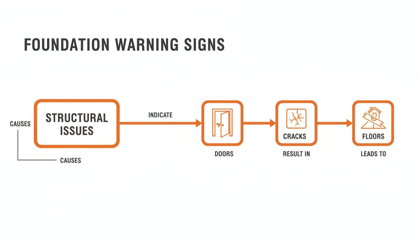 Flowchart illustrating foundation warning signs, showing how structural issues lead to problems with doors, cracks, and floors.