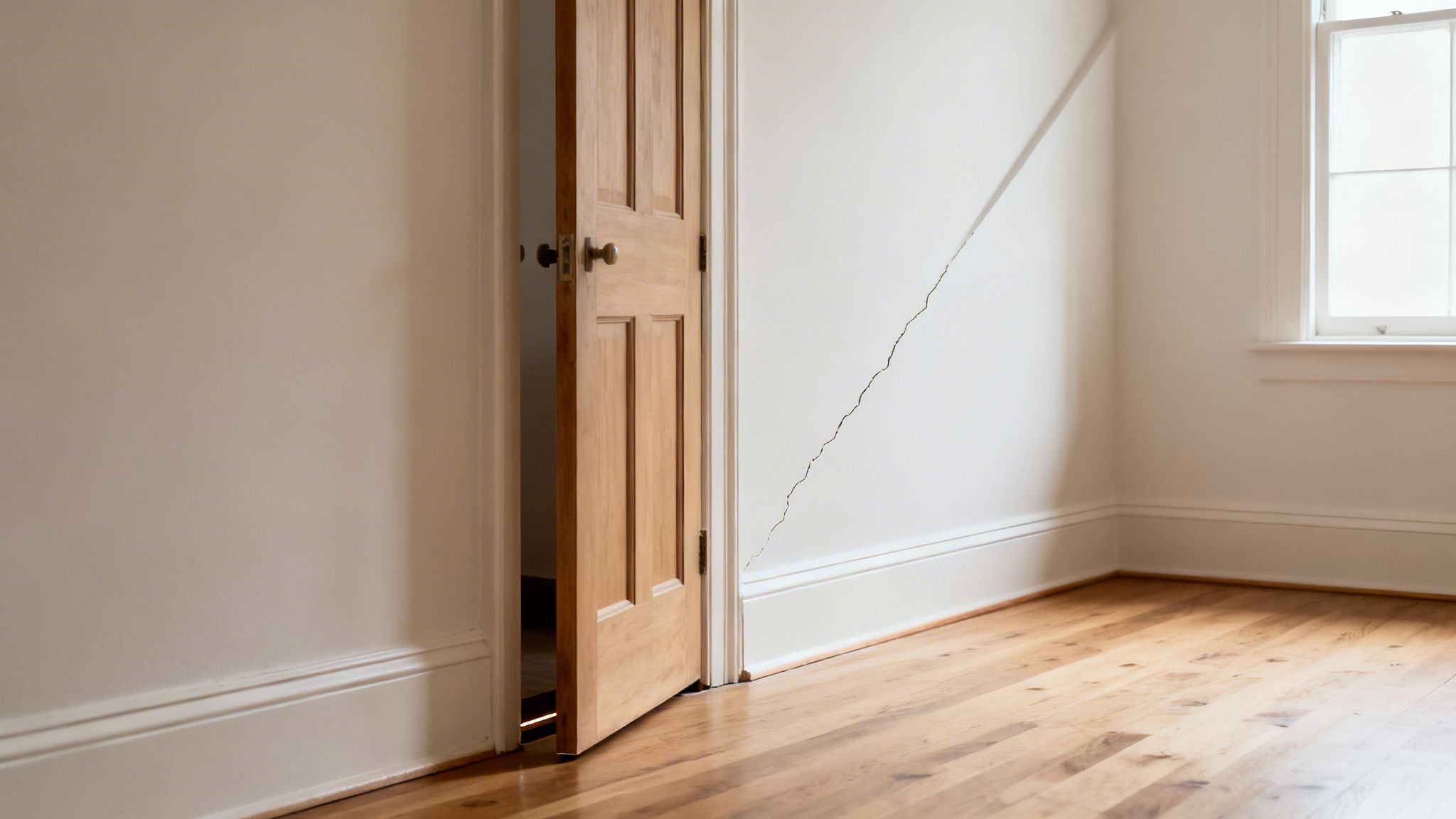 An empty room with light wood floors, a partially open door, and a diagonal crack on the white wall.