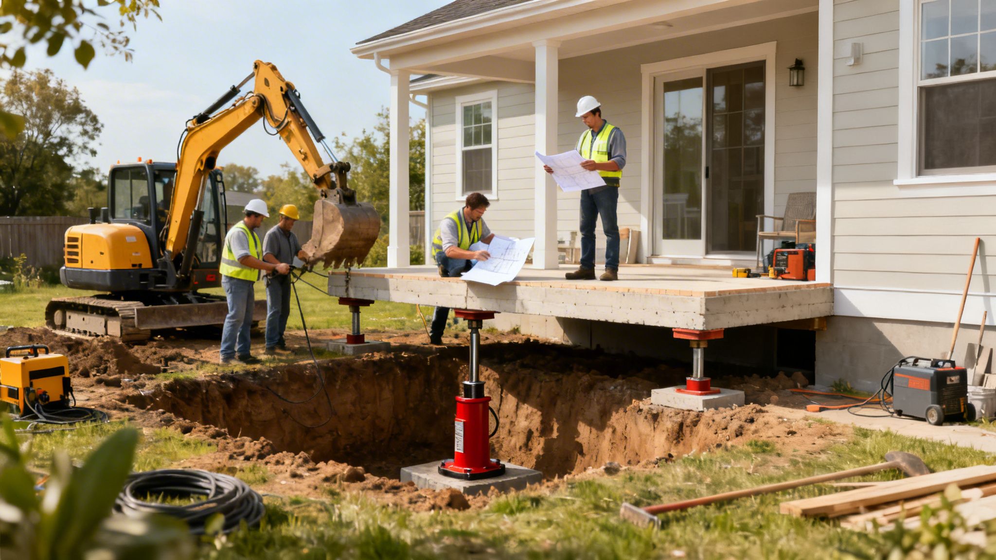 Construction workers perform foundation underpinning on a house with an excavator and hydraulic jacks.