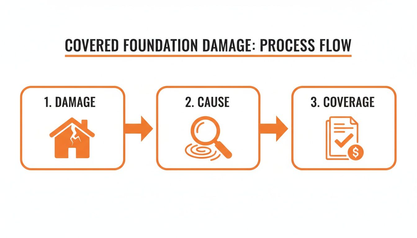 A three-step process flow for covered foundation damage: damage, cause investigation, and coverage assessment.