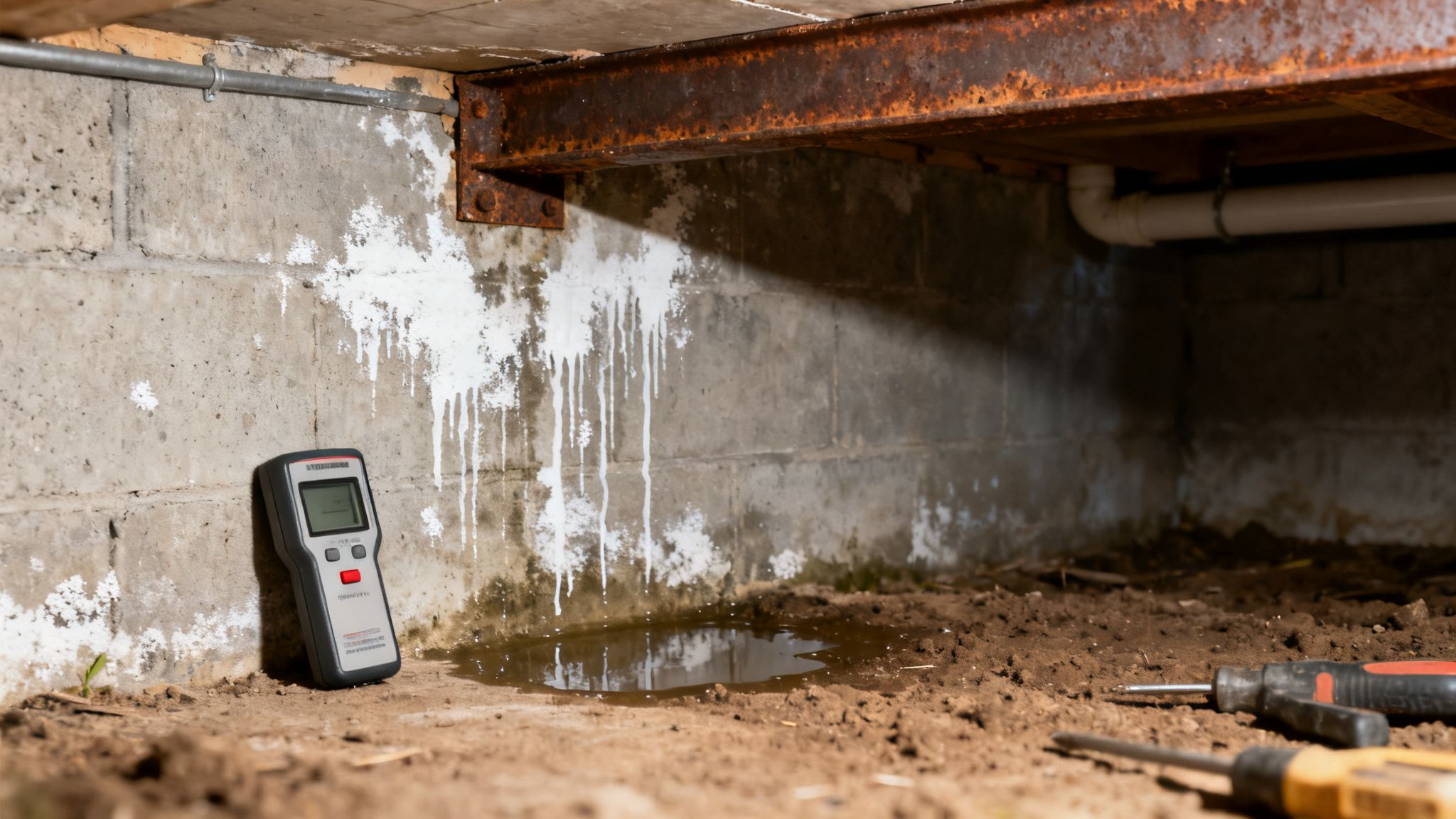 Moisture meter on a concrete basement wall showing efflorescence and a water puddle on the dirt floor.