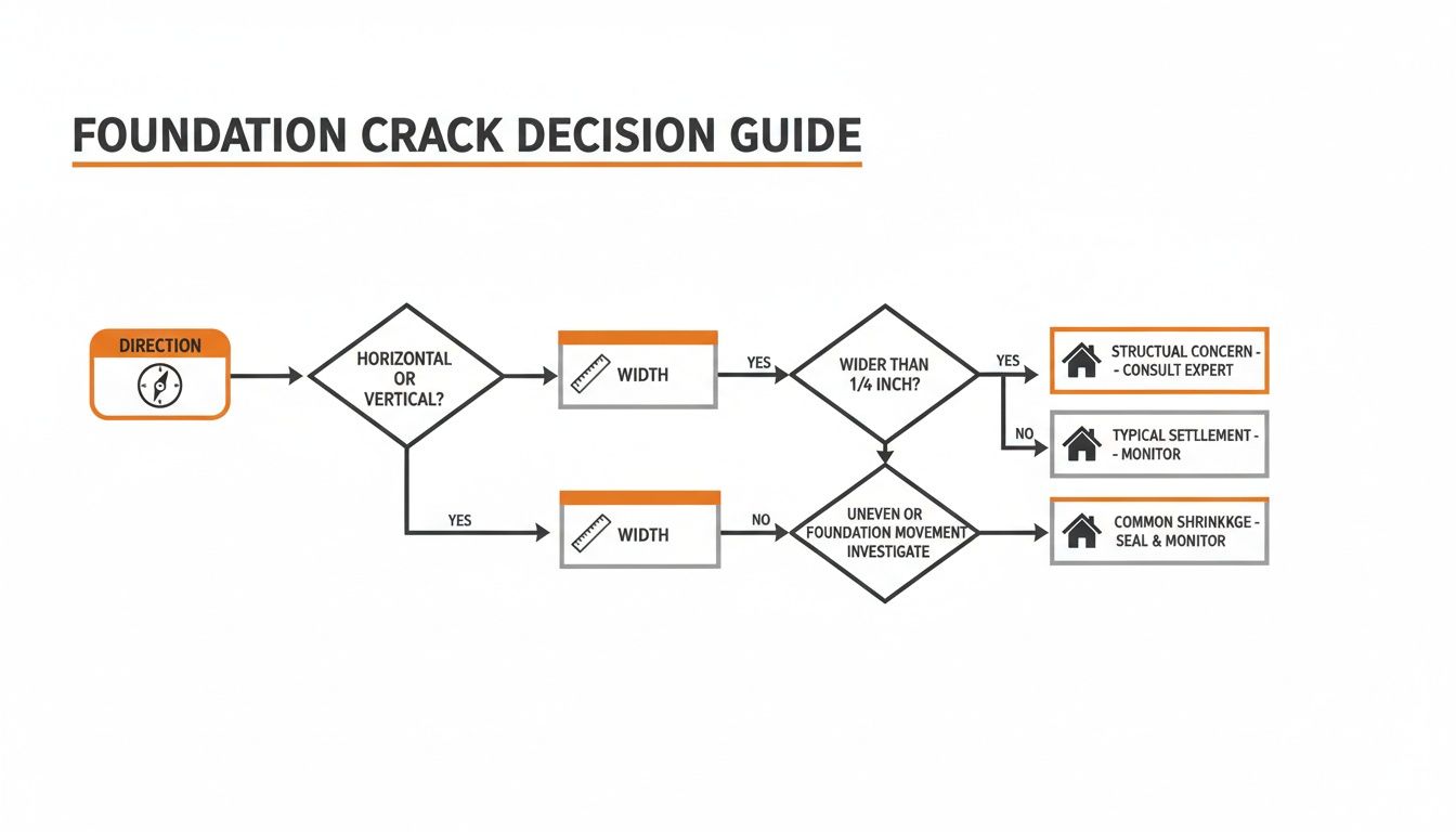 Flowchart guiding foundation crack assessment based on direction, width, and movement, advising when to consult an expert.