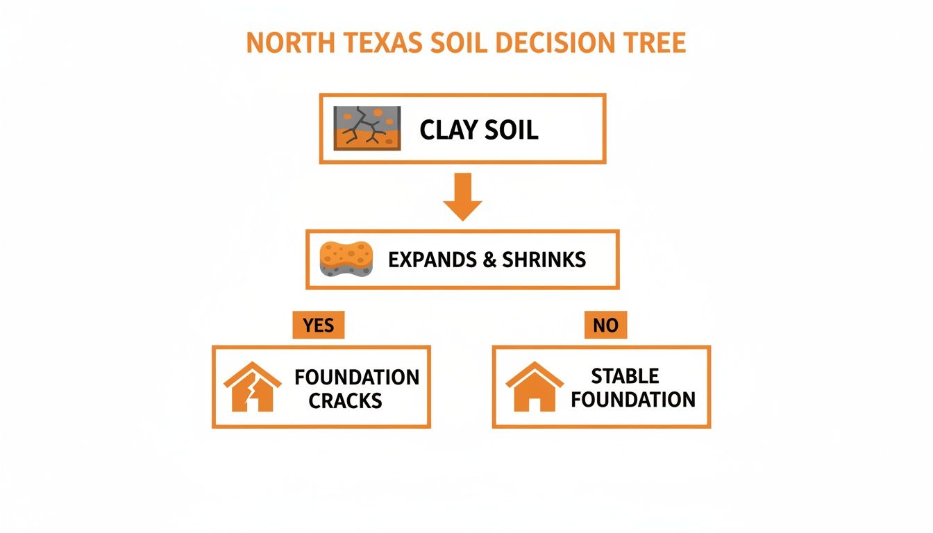 Flowchart showing how North Texas clay soil's expansion and shrinkage can cause foundation cracks.