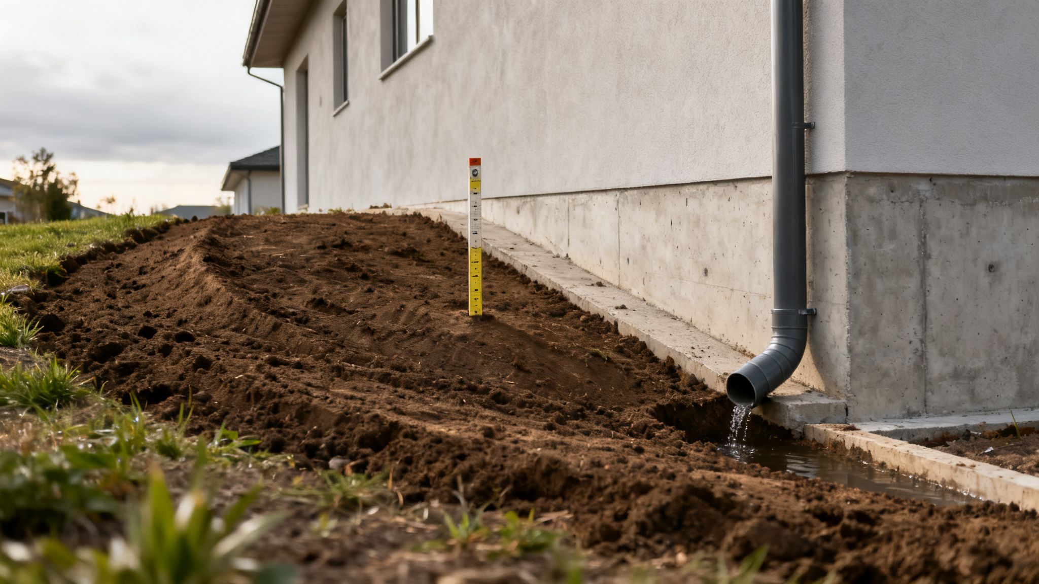 A house foundation with a downspout draining water into a trench, surrounded by fresh soil and a survey rod.