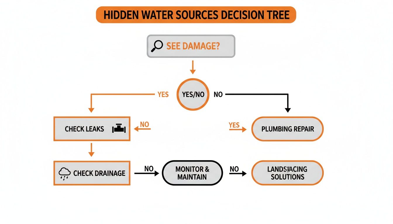 Decision tree flowchart illustrating steps to identify and address hidden water sources causing damage.