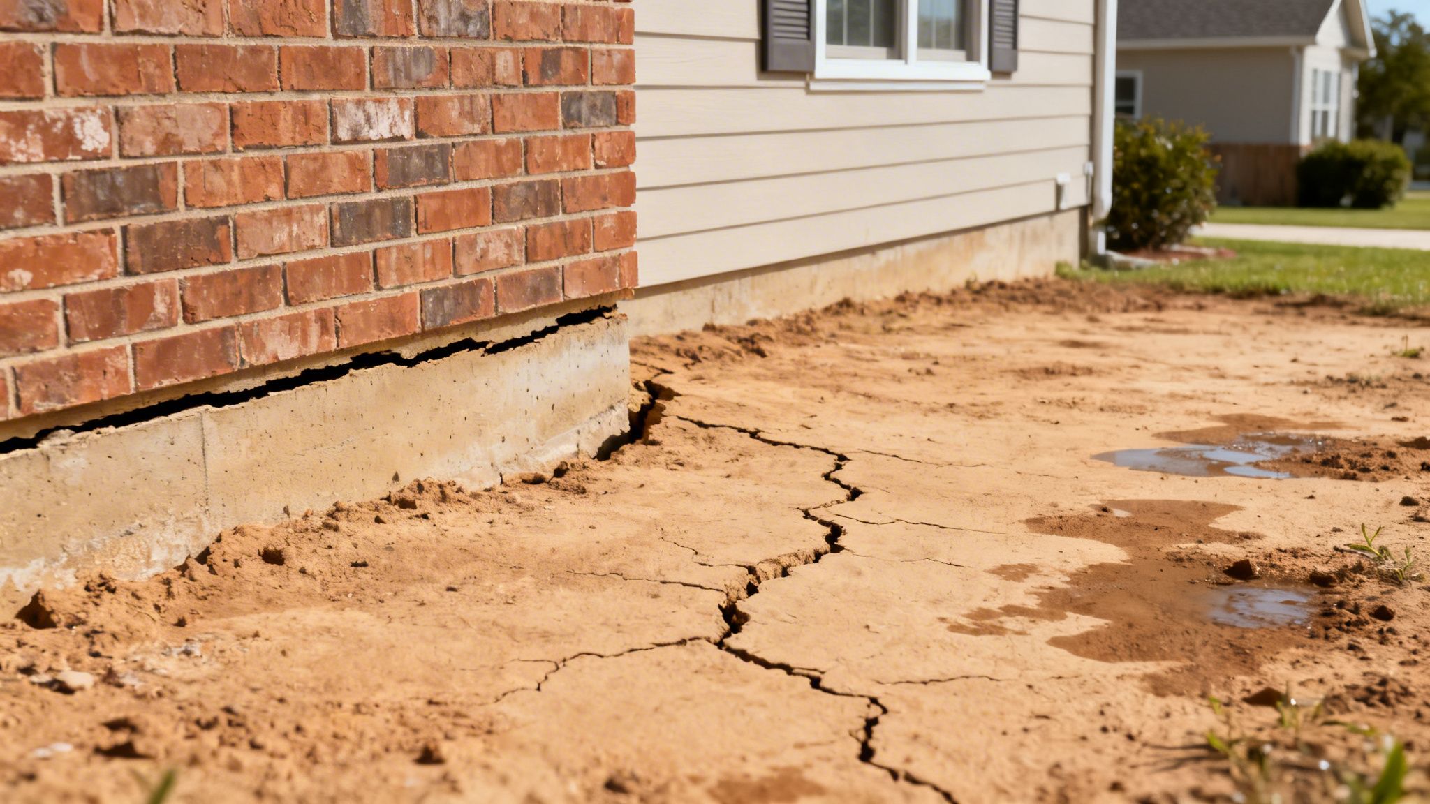 Severe crack in house foundation under brick wall, with dry, cracked soil and water puddles.