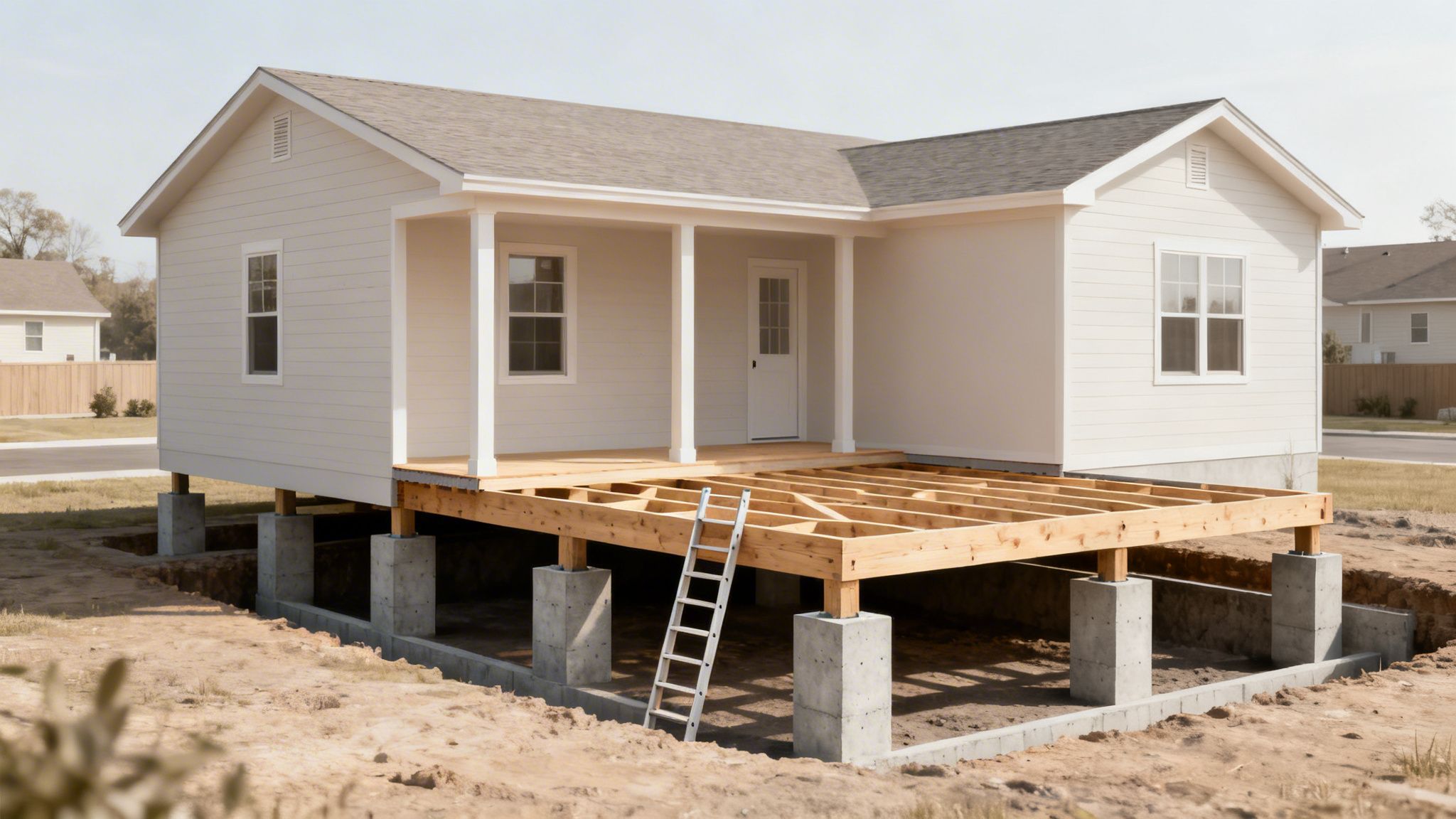A house under construction with a pier and beam foundation and an unfinished wooden deck frame.