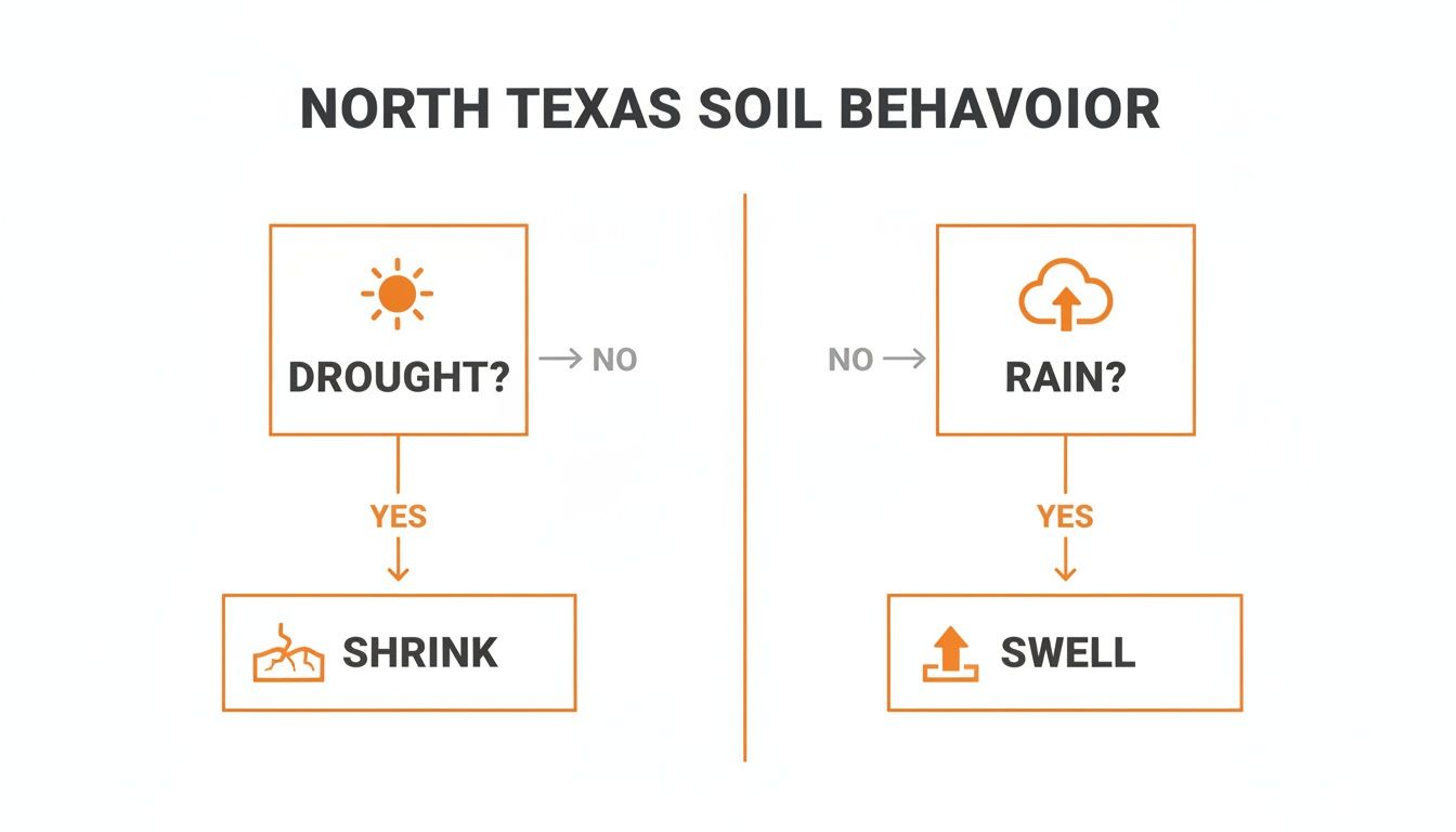 Flowchart showing North Texas soil behavior: drought causes soil to shrink, rain causes soil to swell.
