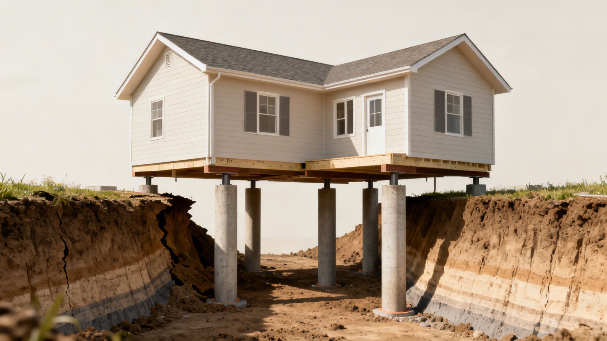 A house stands precariously on concrete pillars above a large, deep trench, depicting foundation underpinning.