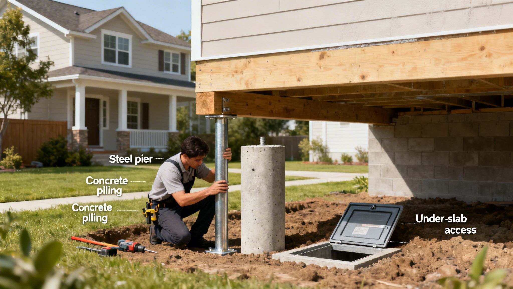 A man installs a steel pier on a concrete piling, reinforcing a house's foundation near an under-slab access.