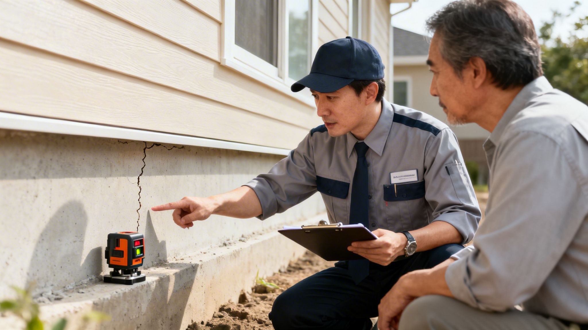 A home inspector points at a crack in a house foundation to an elderly homeowner.