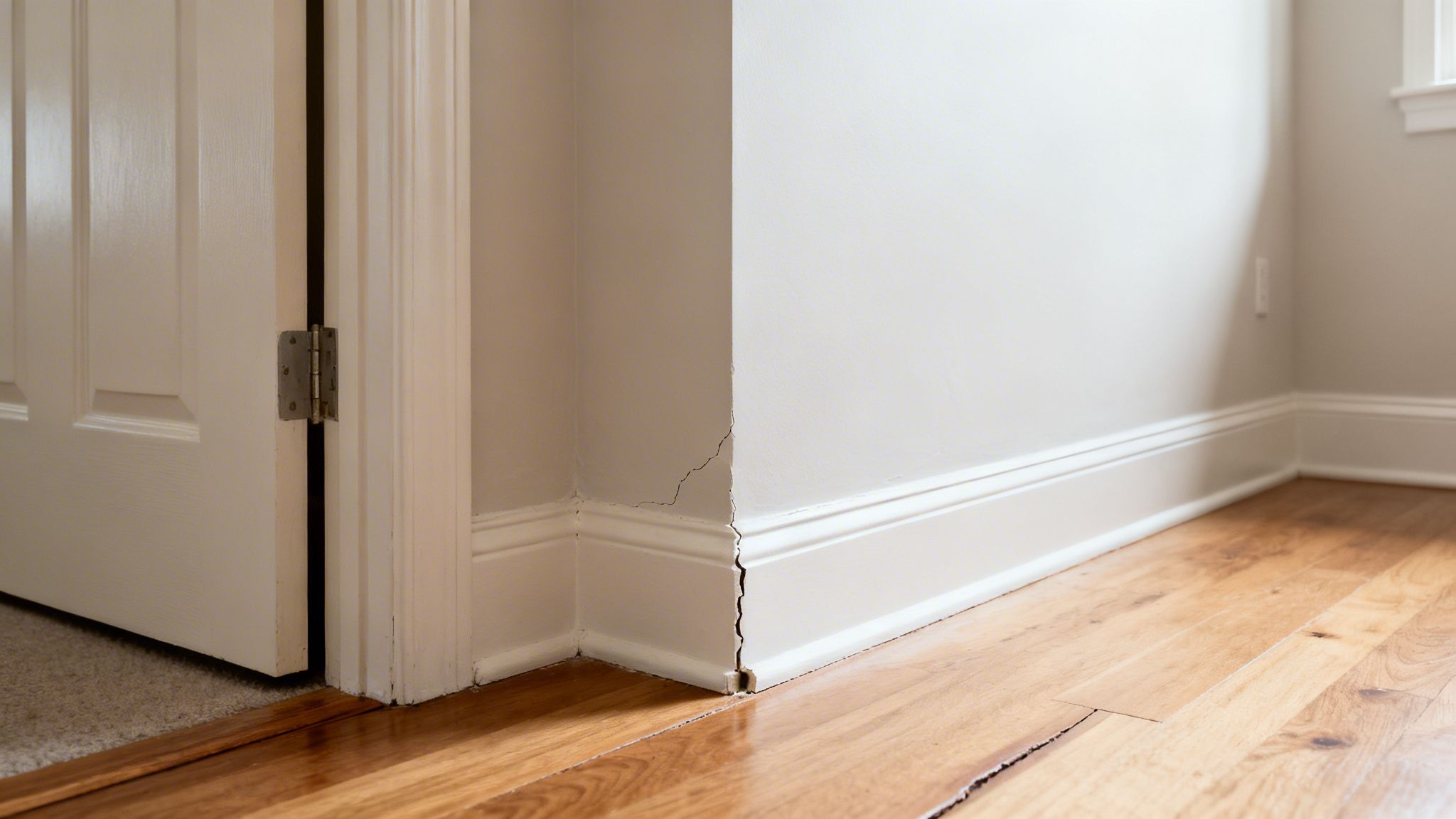 Cracks visible in a house wall and baseboard next to a white door and wood floor.
