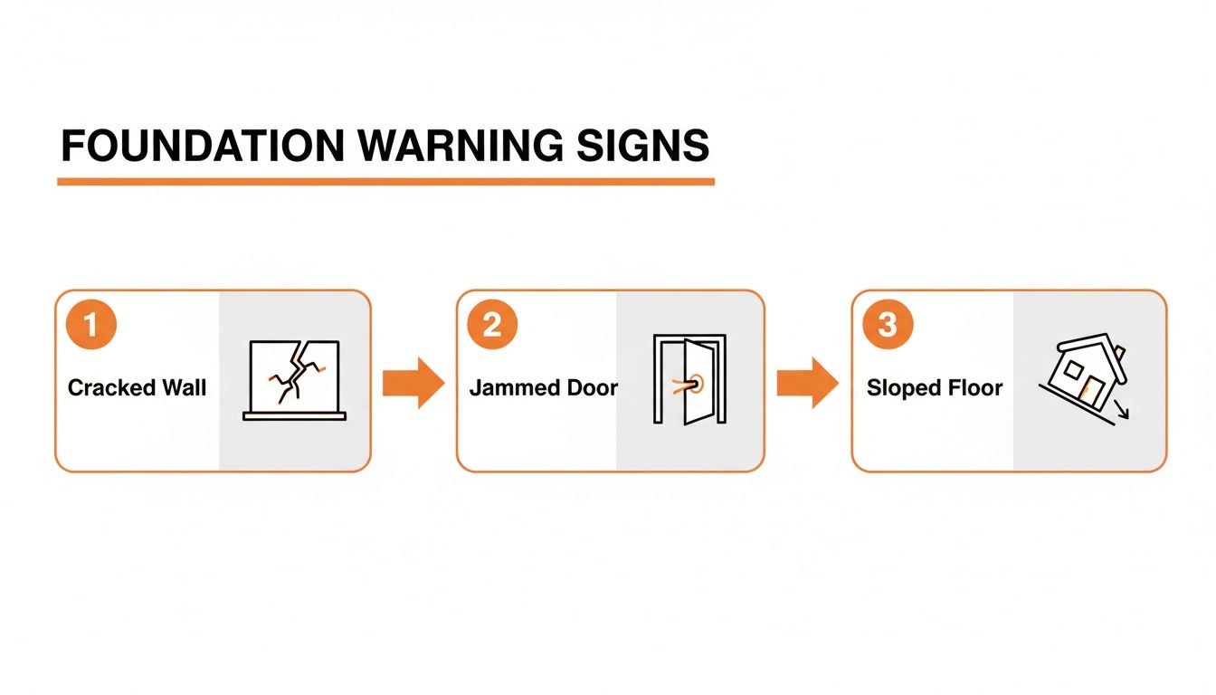 Diagram illustrating three common foundation warning signs: cracked wall, jammed door, and sloped floor.