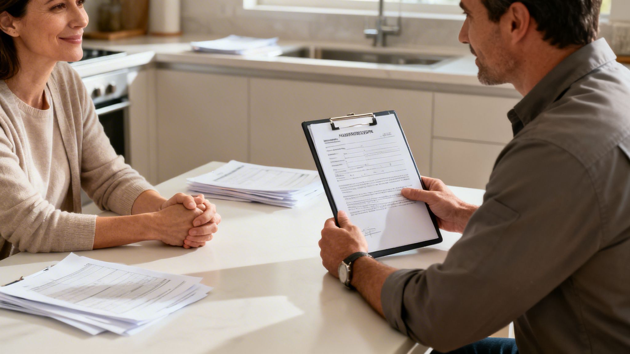 A man and woman discuss documents at a modern kitchen table, likely for a home project.