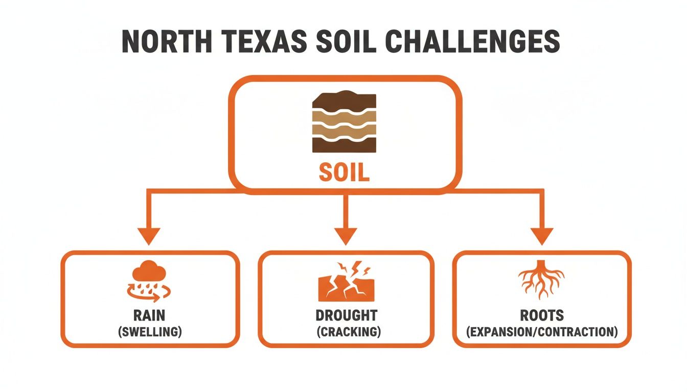 Diagram showing North Texas soil challenges: rain (swelling), drought (cracking), and roots (expansion/contraction).