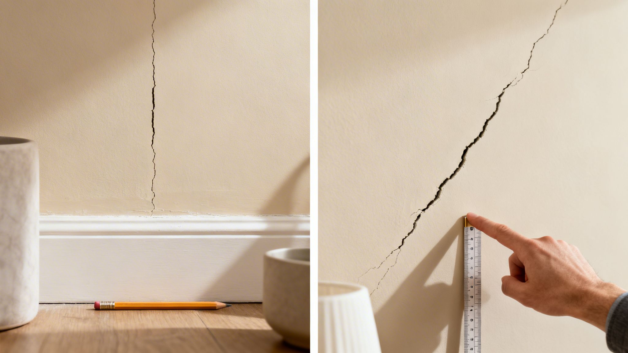 Two close-up views of severe cracks in a beige house wall, one being measured with a tape.