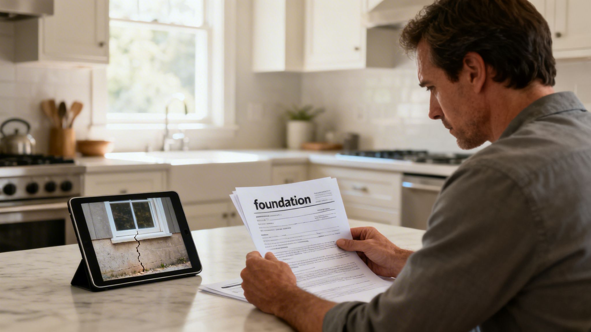 A man reviews a 'foundation' document while looking at a tablet displaying a cracked building foundation.