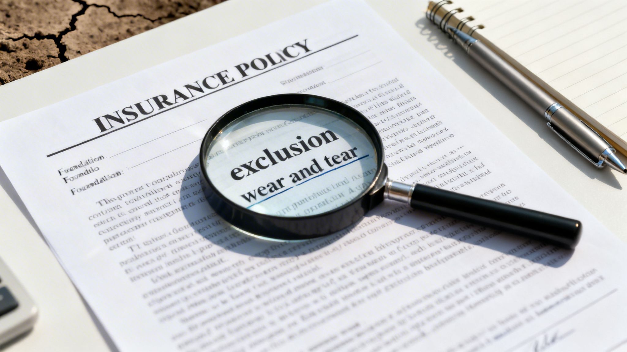 A magnifying glass on an insurance policy document highlighting the words "exclusion wear and tear."