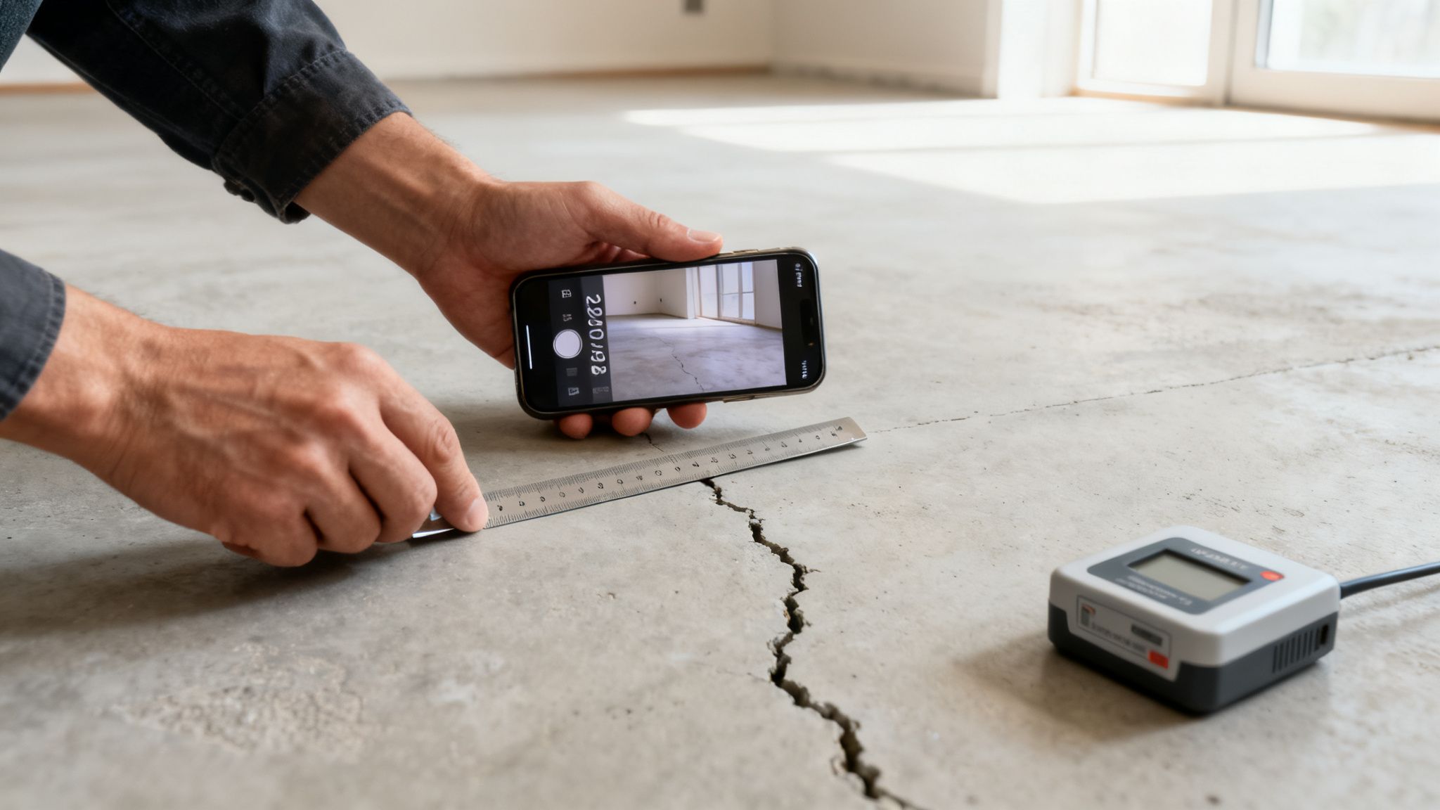 Close-up of a person measuring a crack in a concrete floor slab with a ruler and smartphone.