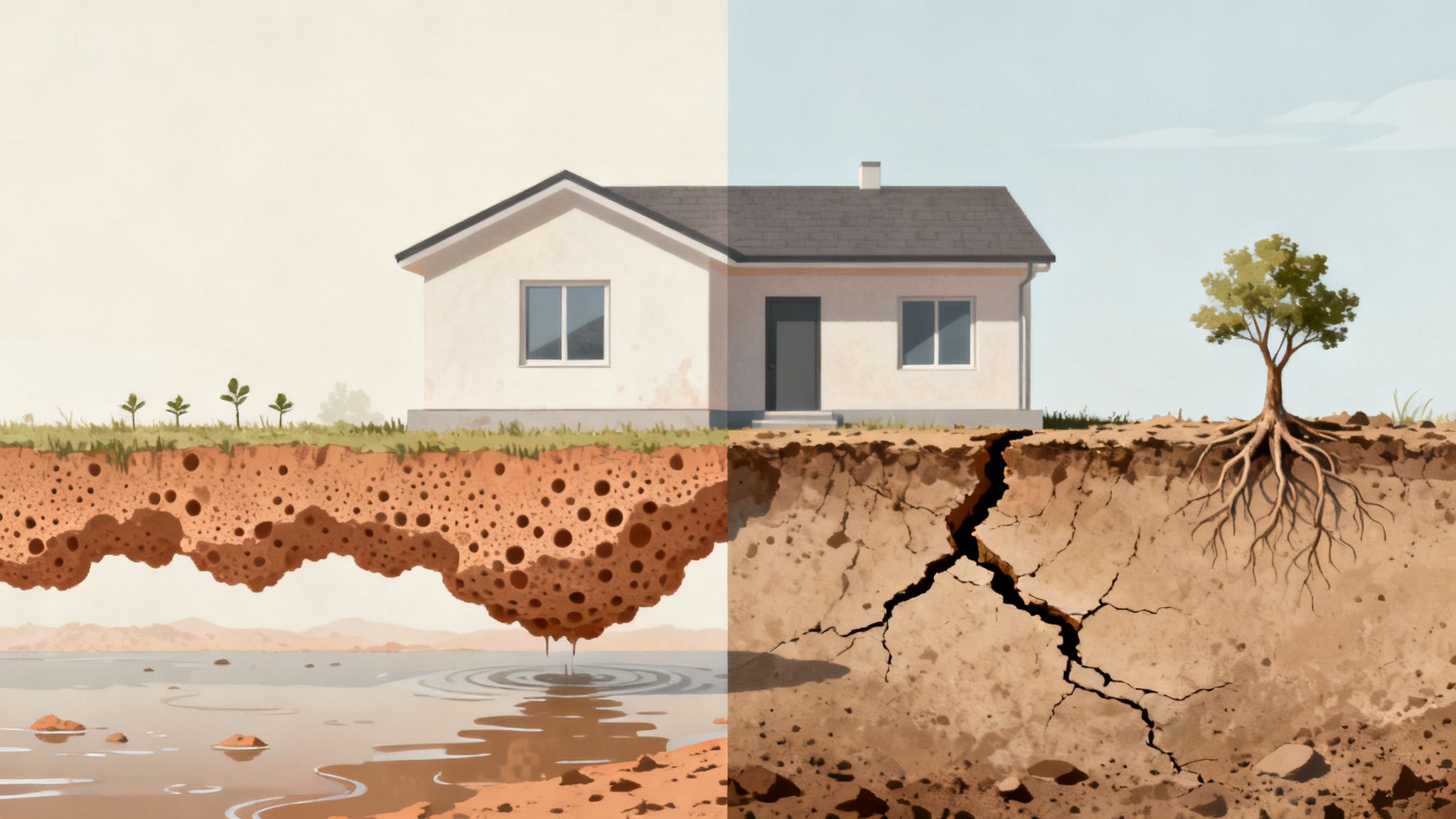 House on unstable ground showing severe soil erosion on left and cracks with tree roots on right.