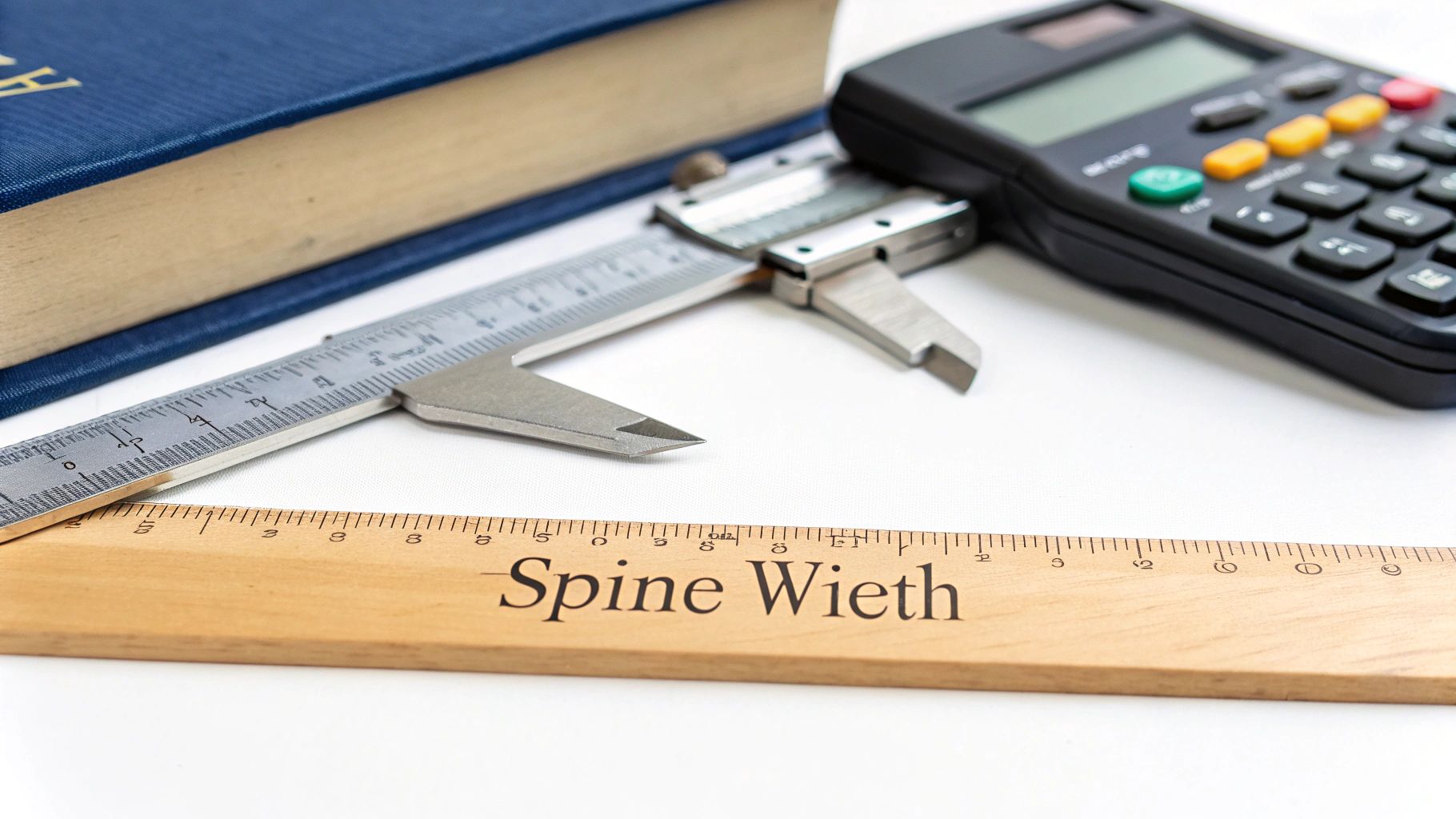 Measuring tools including wooden ruler, metal caliper, and calculator for book spine width calculations