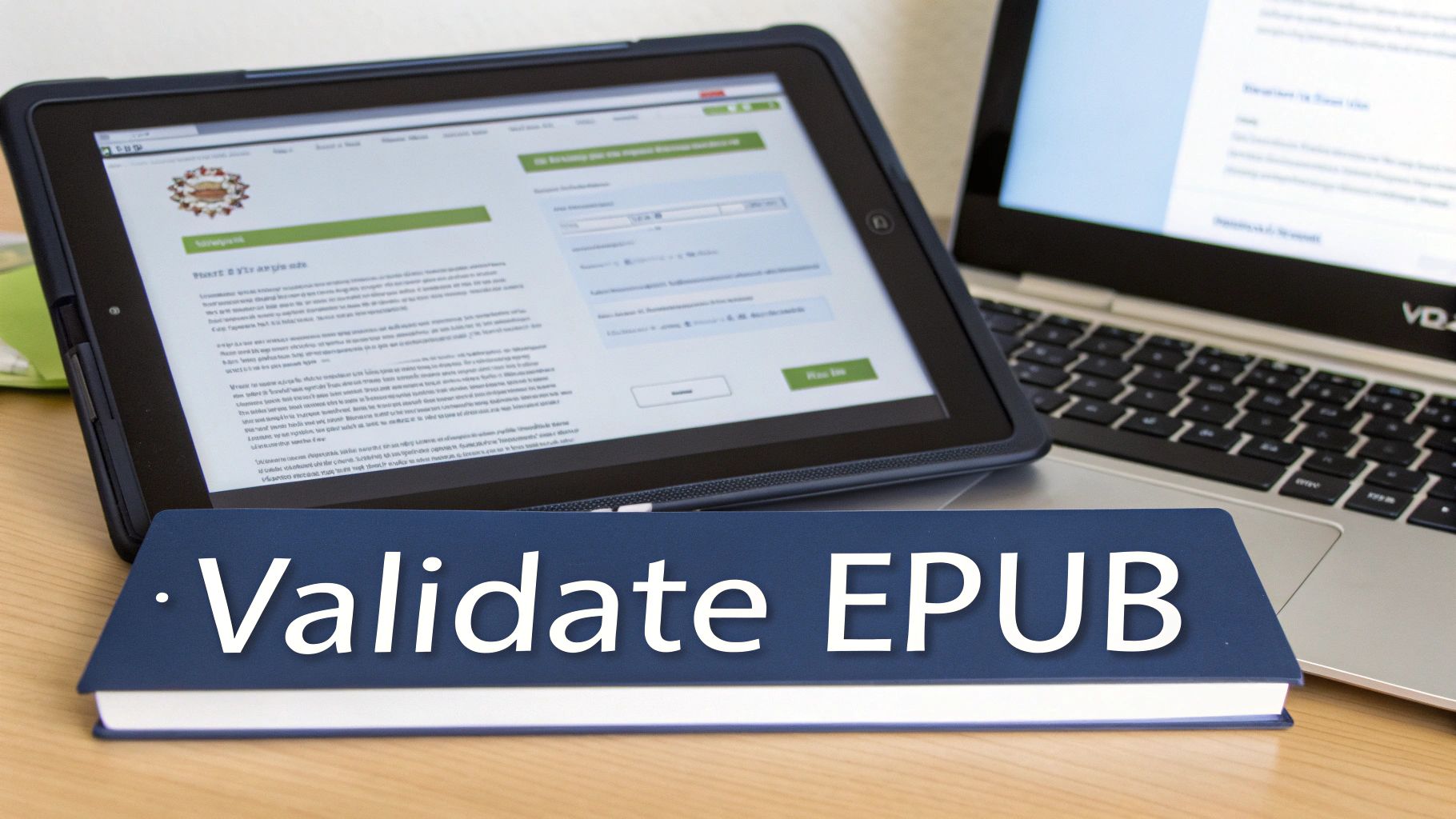 Tablet and laptop displaying EPUB validation tool interface on wooden desk with book