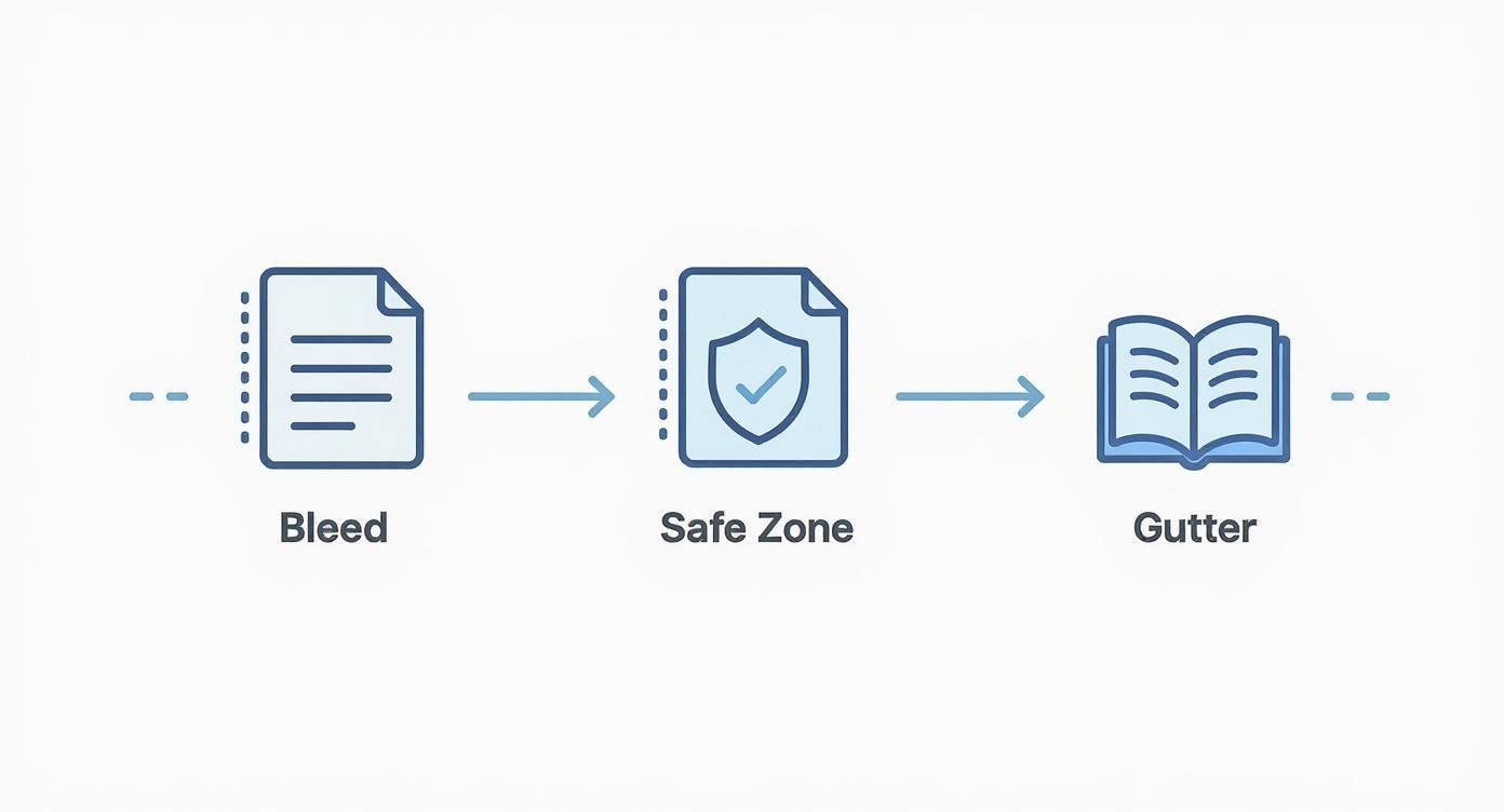 Workflow diagram showing document bleed, safe zone, and gutter areas in book printing process