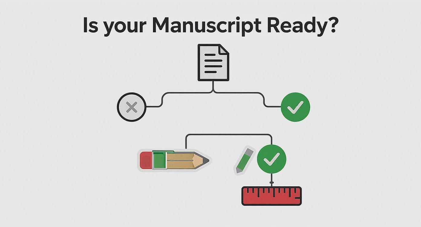 Manuscript submission readiness checklist diagram showing document review process with approval checkmarks and editing tools