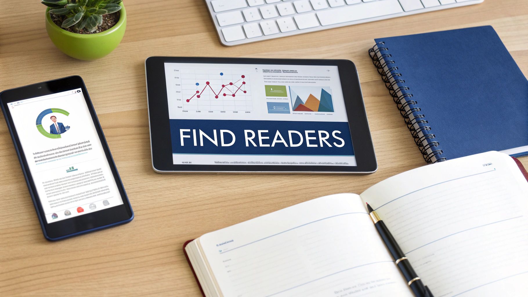 Digital marketing flat lay with tablet showing 'FIND READERS', a smartphone, and notebooks.