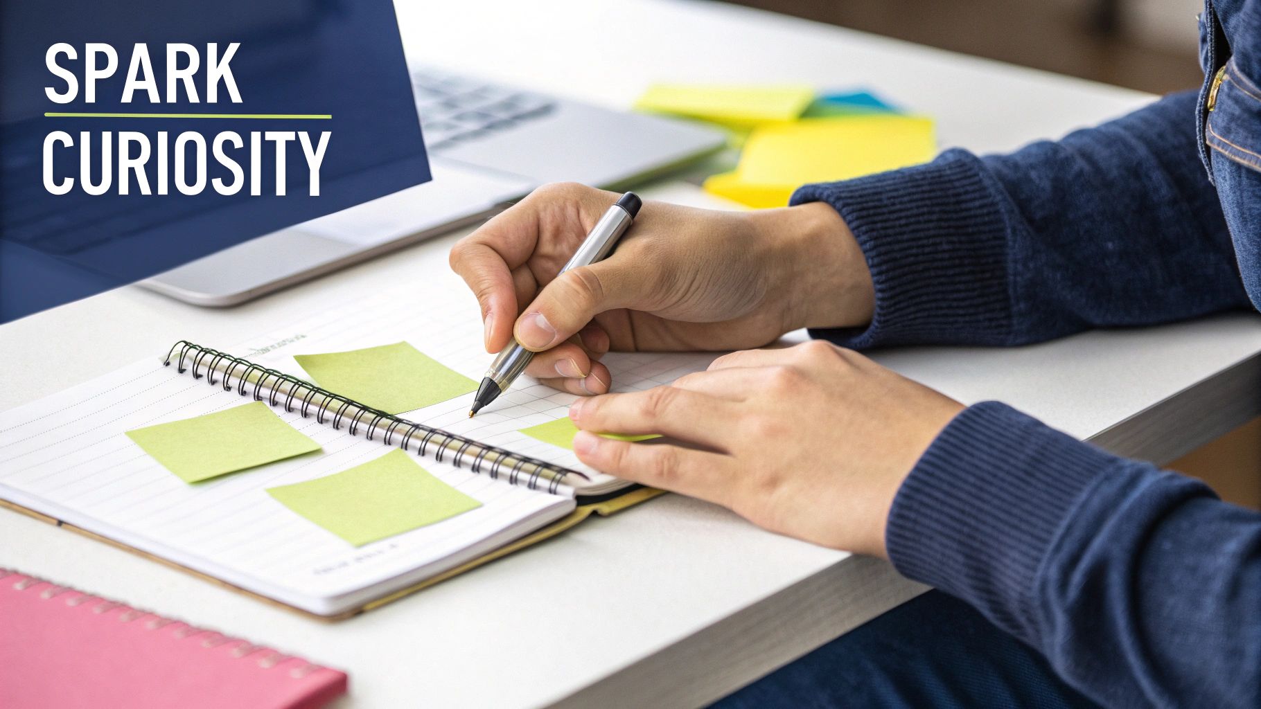 Close-up of hands writing in a spiral notebook with green sticky notes, fostering curiosity.