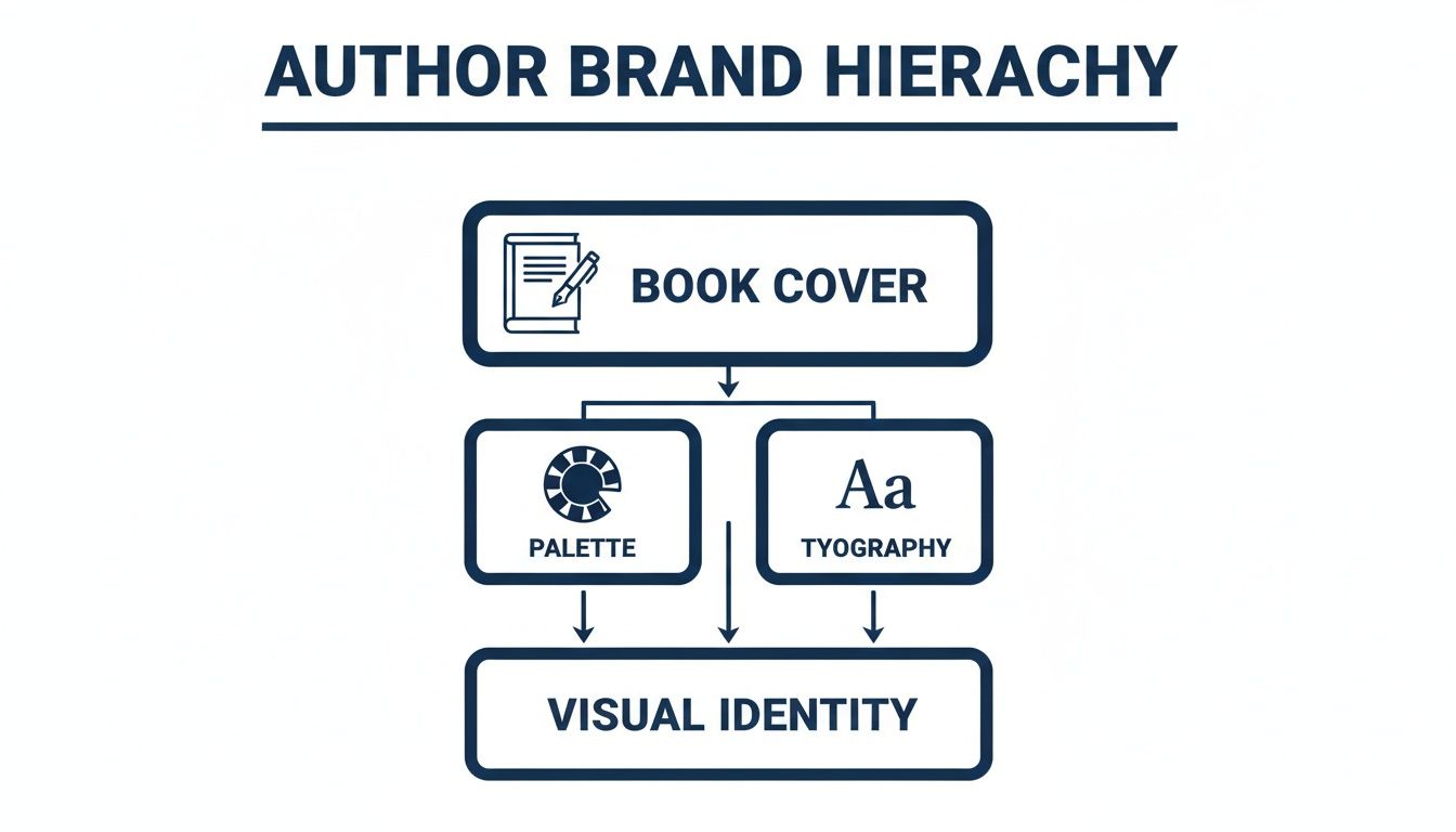 A diagram illustrating author brand hierarchy, showing book cover leading to palette and typography, which form visual identity.
