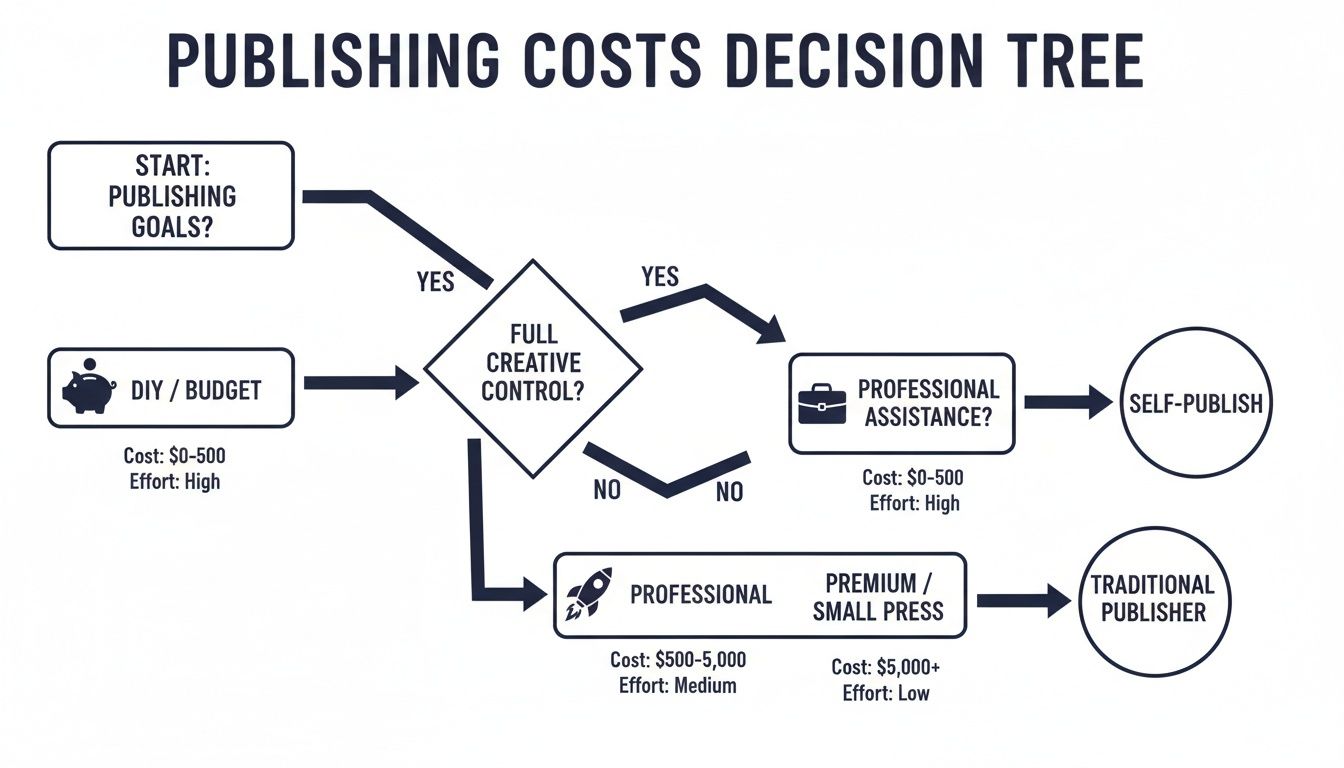 Decision tree outlining publishing costs and effort for DIY, professional, premium, and traditional publishing paths.