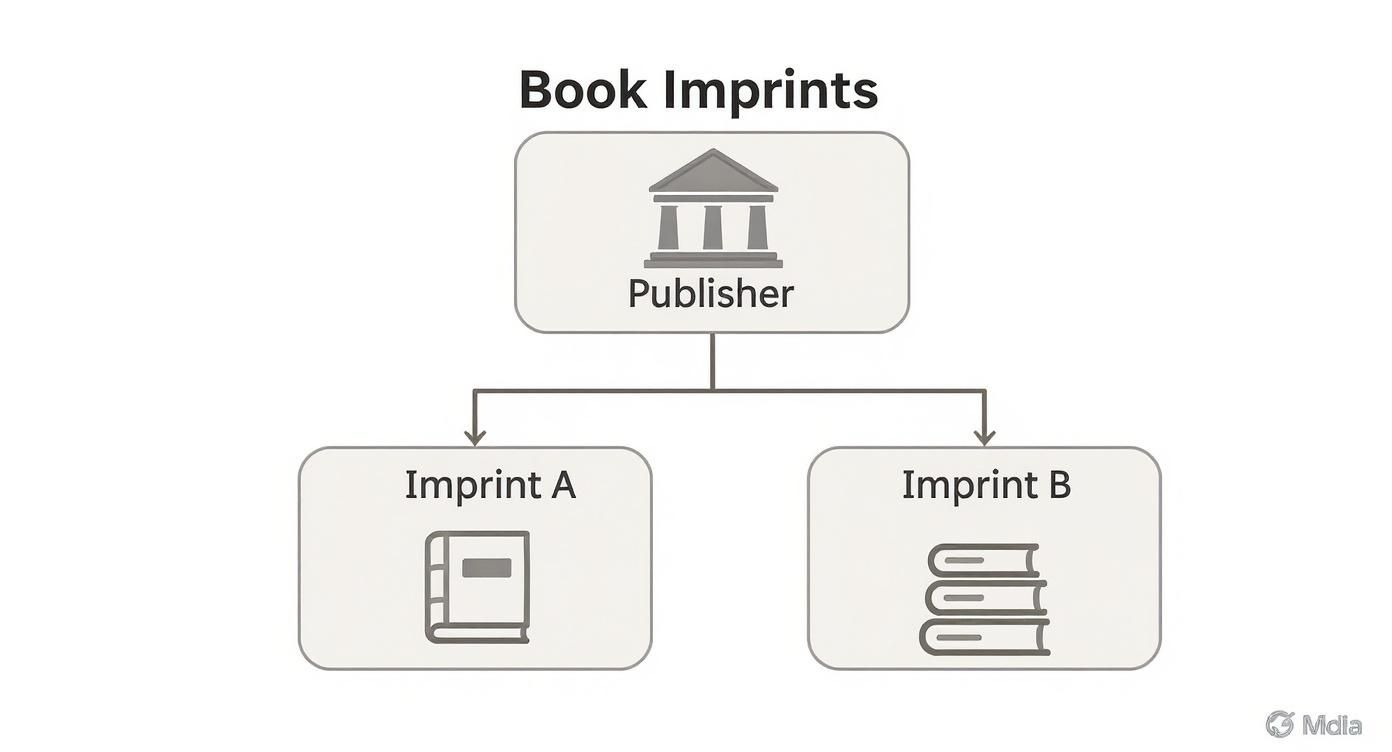 Flowchart demonstrating a publisher overseeing two distinct book imprints, A and B.
