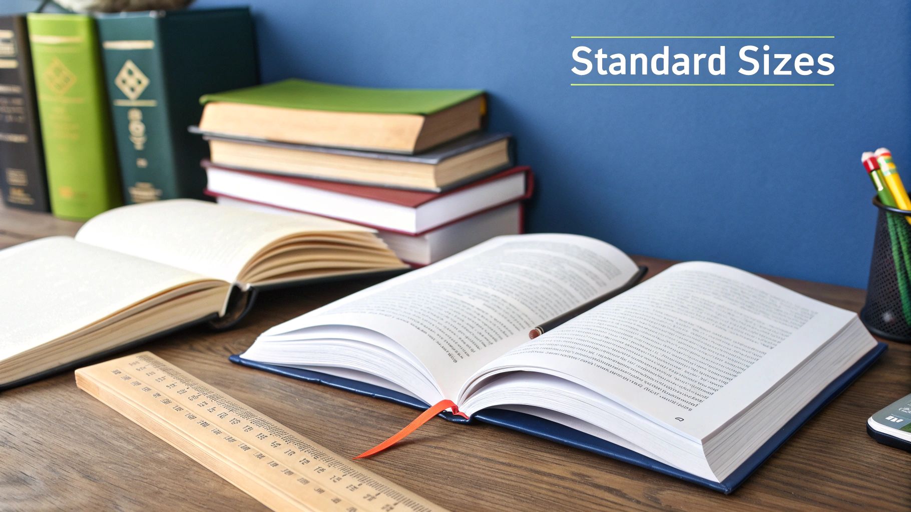 Rows of books on shelves showcasing various standard sizes