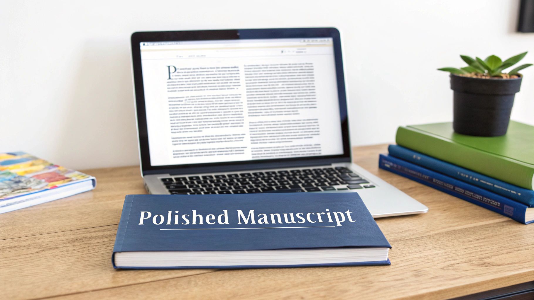 A desk with a laptop displaying an article, a 'Polished Manuscript' book, and a stack of books.