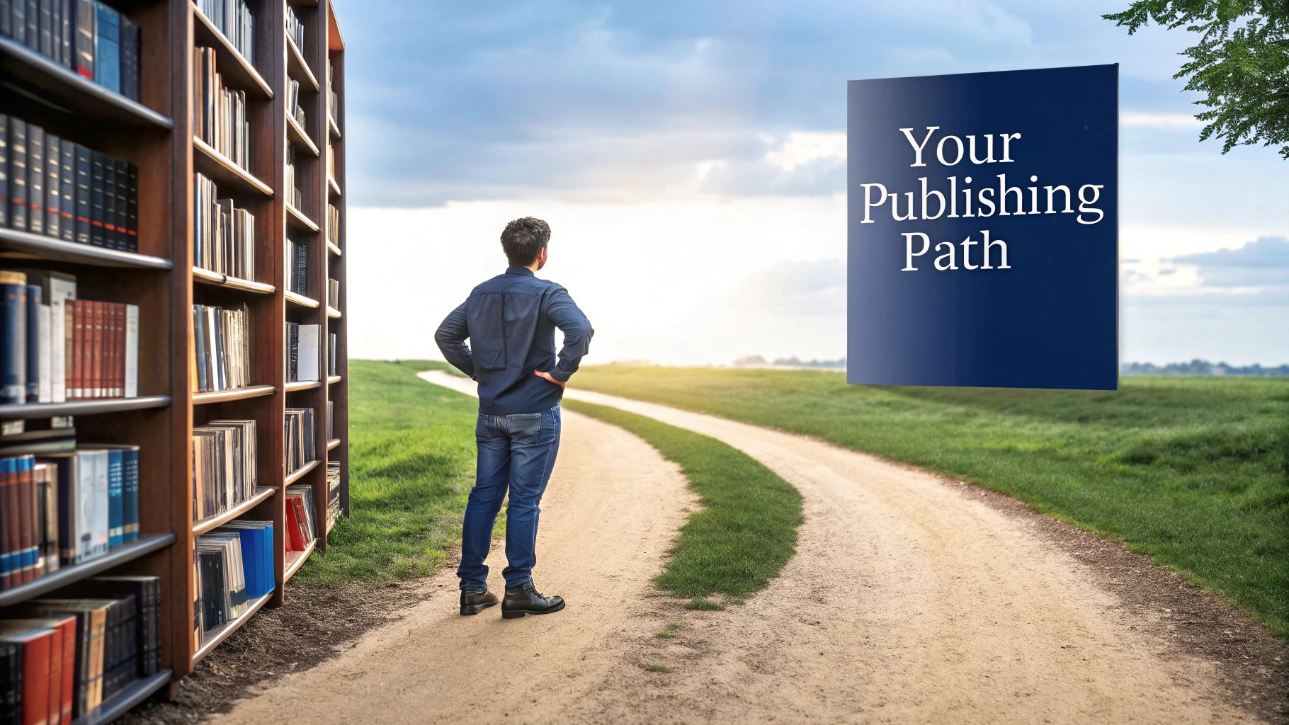 A forked path in a forest, symbolizing the choice between traditional and self-publishing.