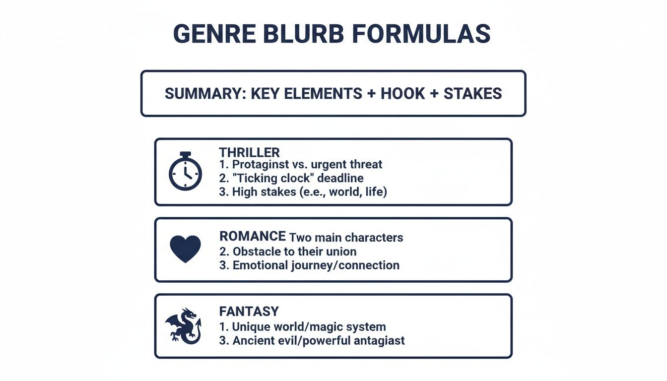 A guide to genre blurb formulas, outlining key elements for thriller, romance, and fantasy novels.