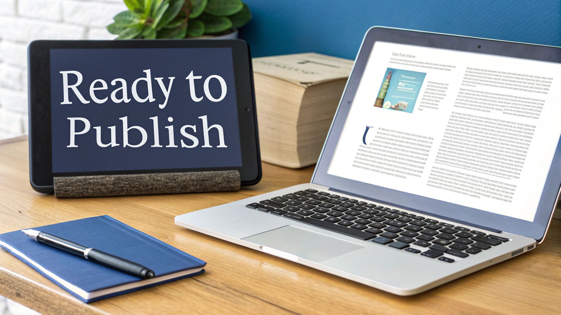 A tablet displaying 'Ready to Publish' next to an open laptop and notebook on a wooden desk.