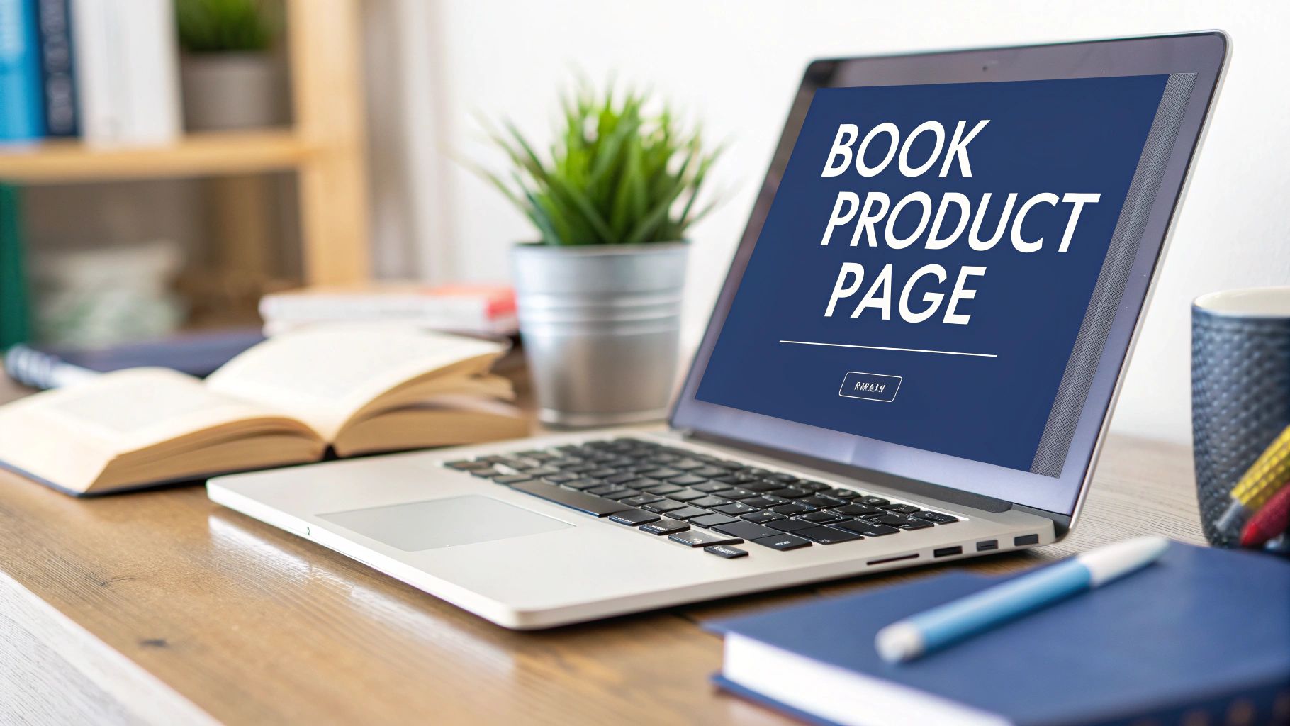 Laptop displaying 'BOOK PRODUCT PAGE' screen, an open book, and office supplies on a wooden desk.