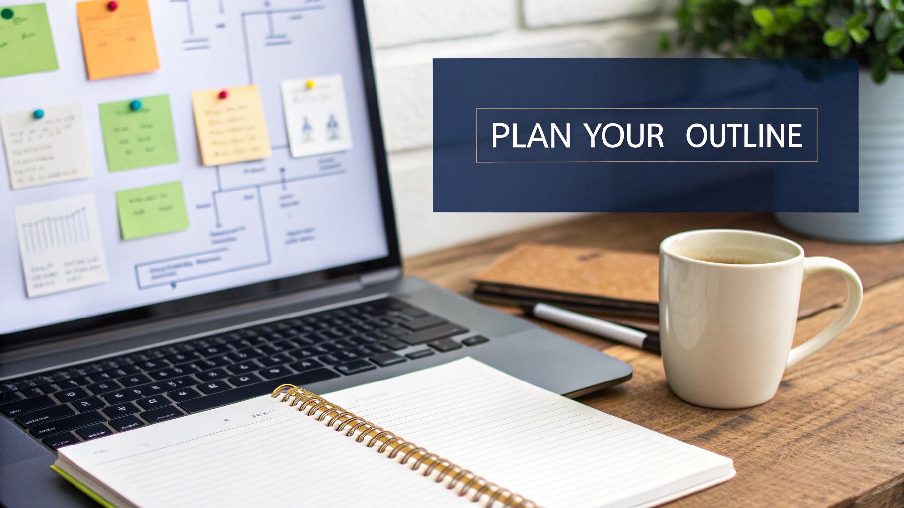 Laptop screen displays an outline with sticky notes, next to a notebook, pen, and coffee mug on a wooden desk.
